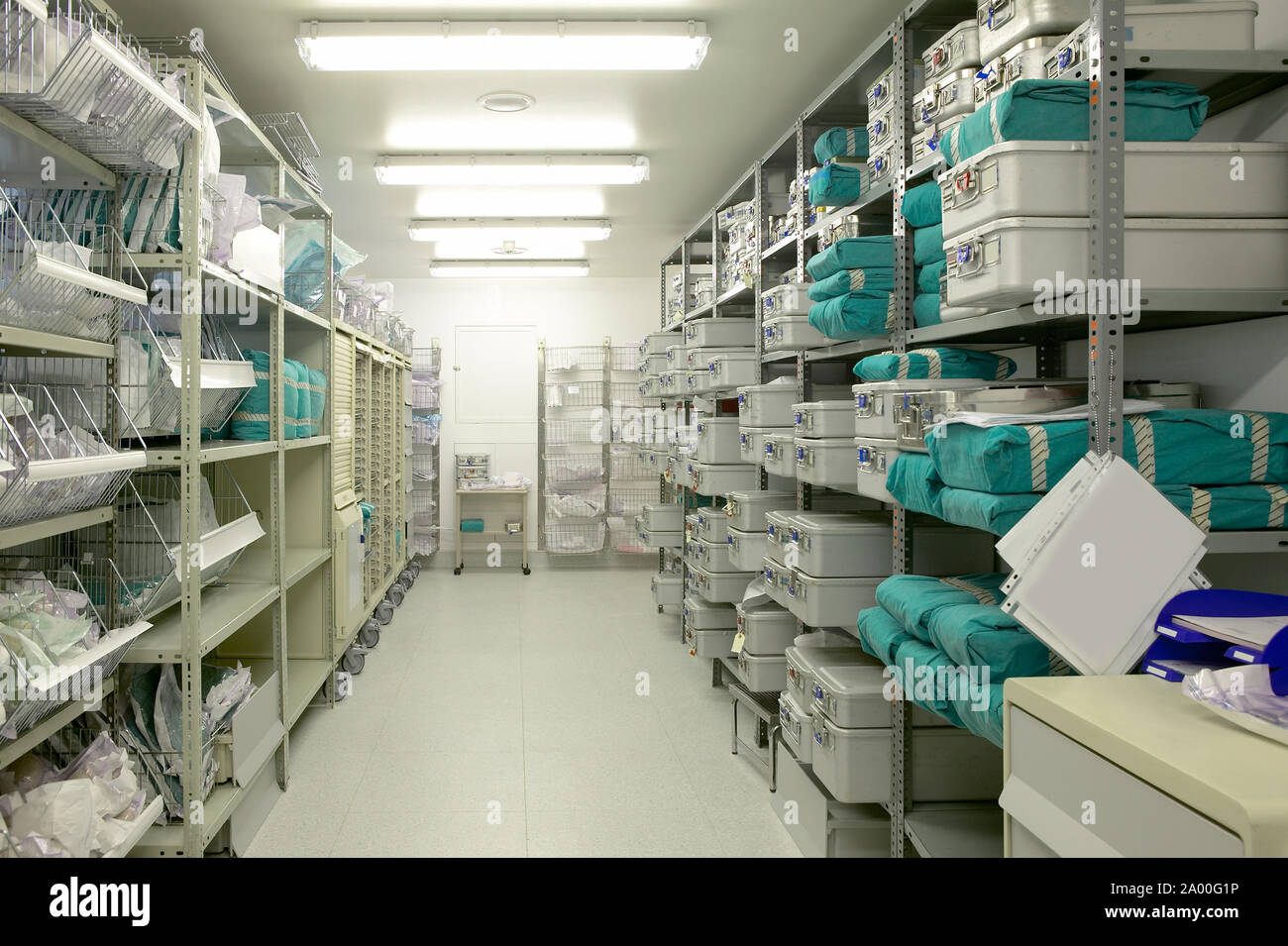 Hospital indoor storage room. Health center repository. Pharmaceutical