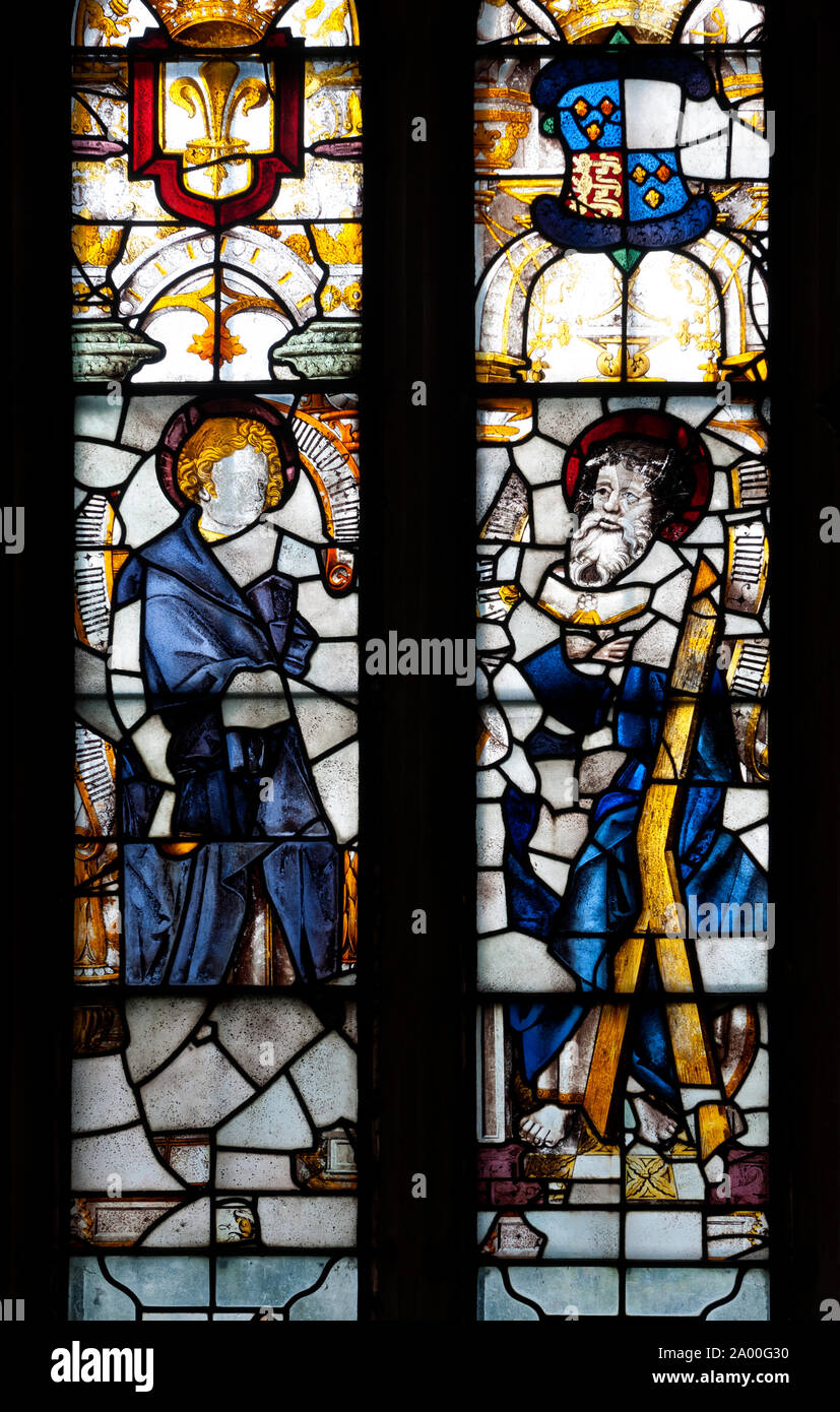 Medieval stained glass in Withcote Chapel, Leicestershire, England, UK Stock Photo