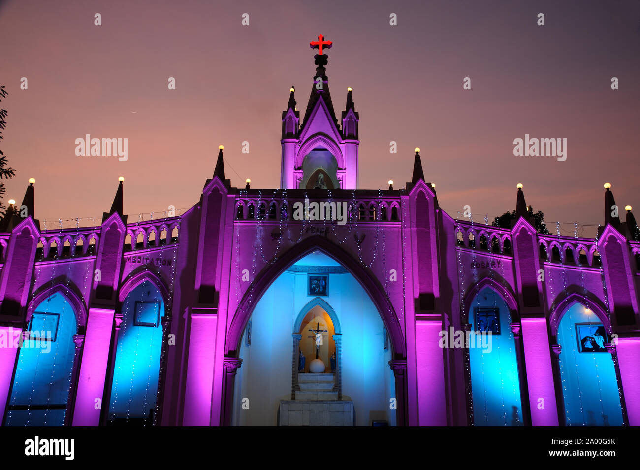 Mumbai, Maharashtra, India, Southeast Asia - Christmas Day; Light Illuminated on Mount Mary Church, is a Roman Catholic Basilica located in Bandra. Stock Photo