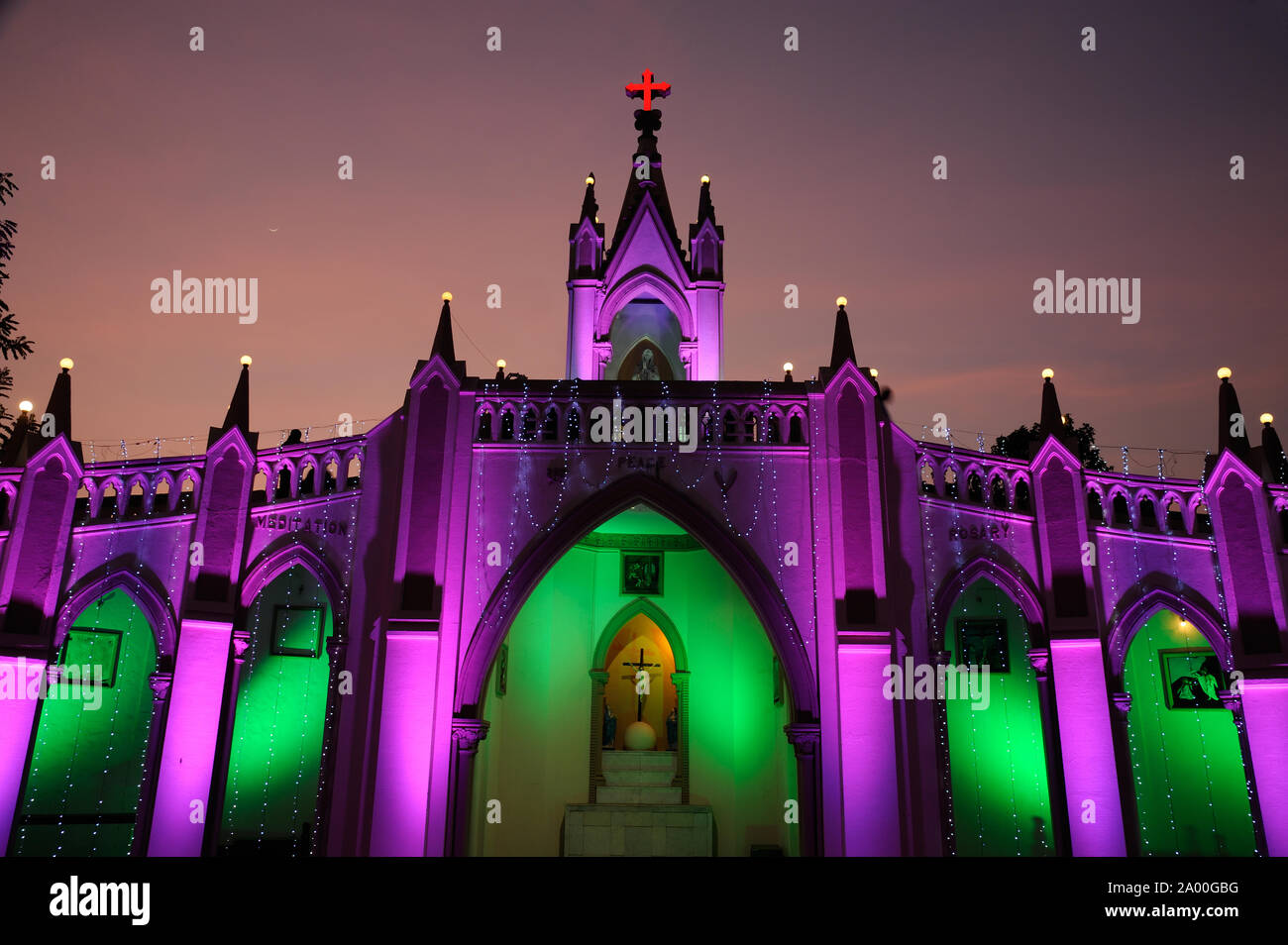 Mumbai, Maharashtra, India, Southeast Asia - Christmas Day; Light Illuminated on Mount Mary Church, is a Roman Catholic Basilica located in Bandra. Stock Photo