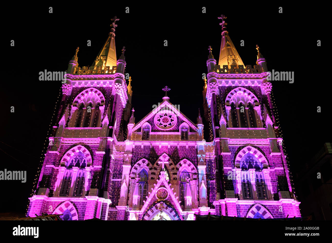 Mumbai, Maharashtra, India, Southeast Asia - Christmas Day; Light Illuminated on Mount Mary Church, is a Roman Catholic Basilica located in Bandra. Stock Photo