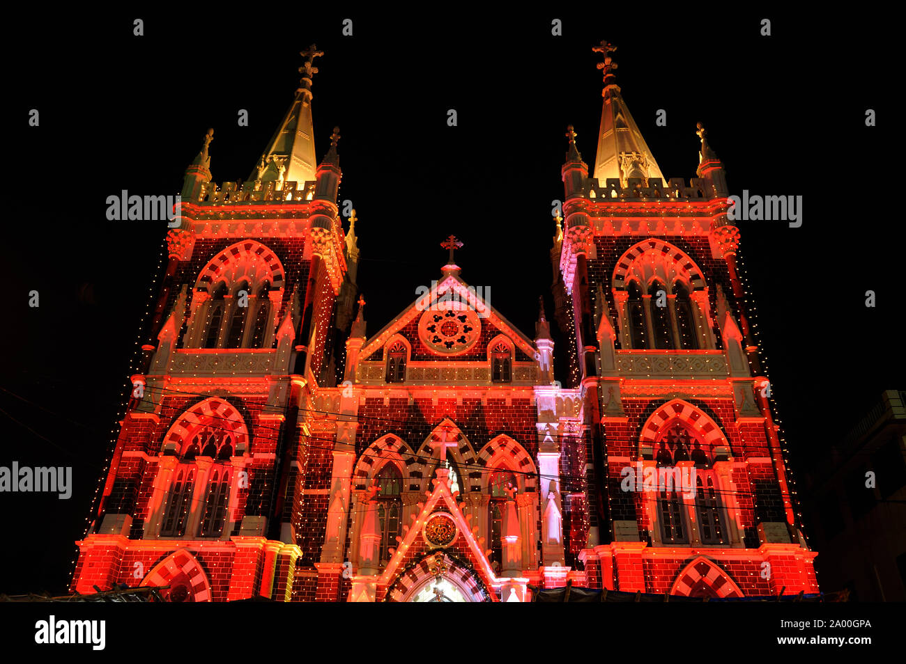 Mumbai, Maharashtra, India, Southeast Asia - Christmas Day; Light Illuminated on Mount Mary Church, is a Roman Catholic Basilica located in Bandra. Stock Photo
