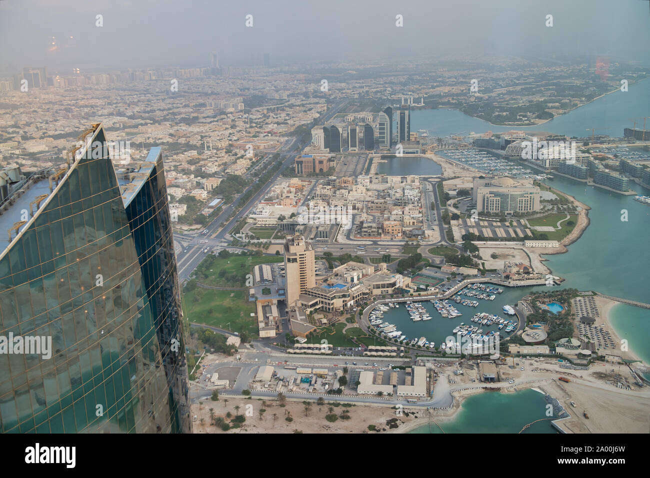 Aerial view of modern city skyline with King Abdullah Bin Abdulaziz Al Saud Street, Abu Dhabi, United Arab Emirates. Stock Photo