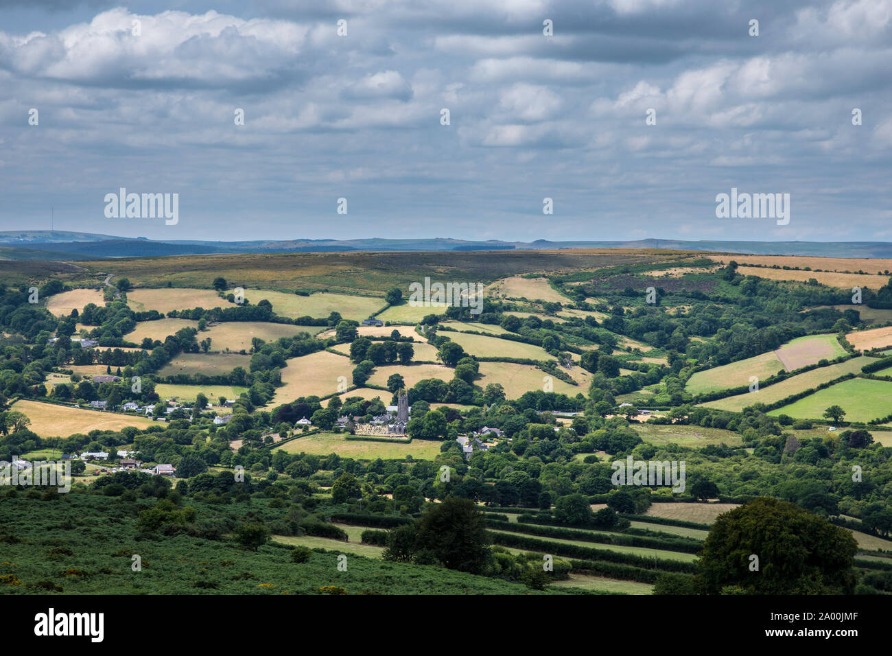 Spectacular far-reaching views over picturesque Dartmoor in Devon in Southern England, UK Stock Photo