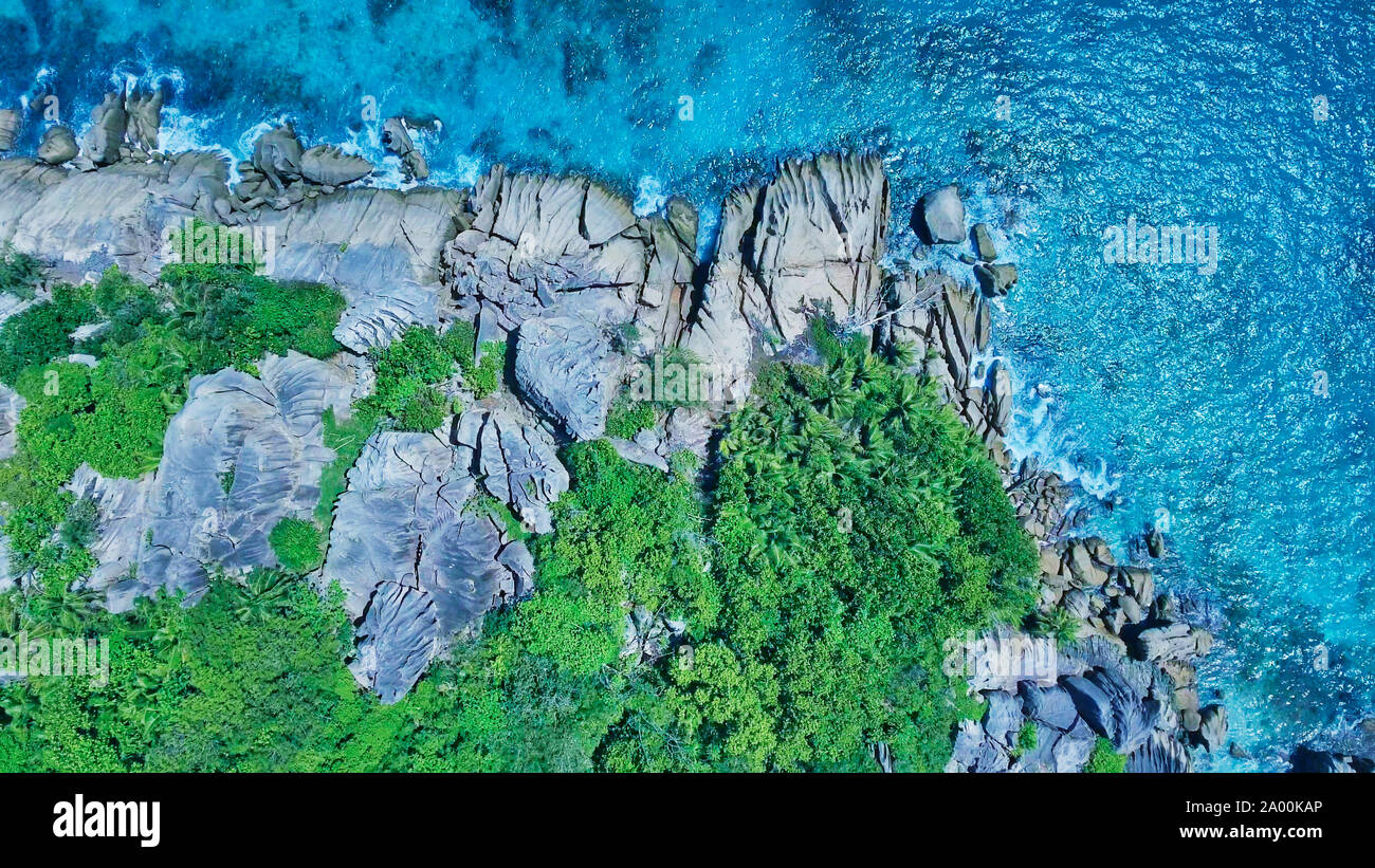 La Digue island, Seychelles. Aerial view from a drone. Stock Photo