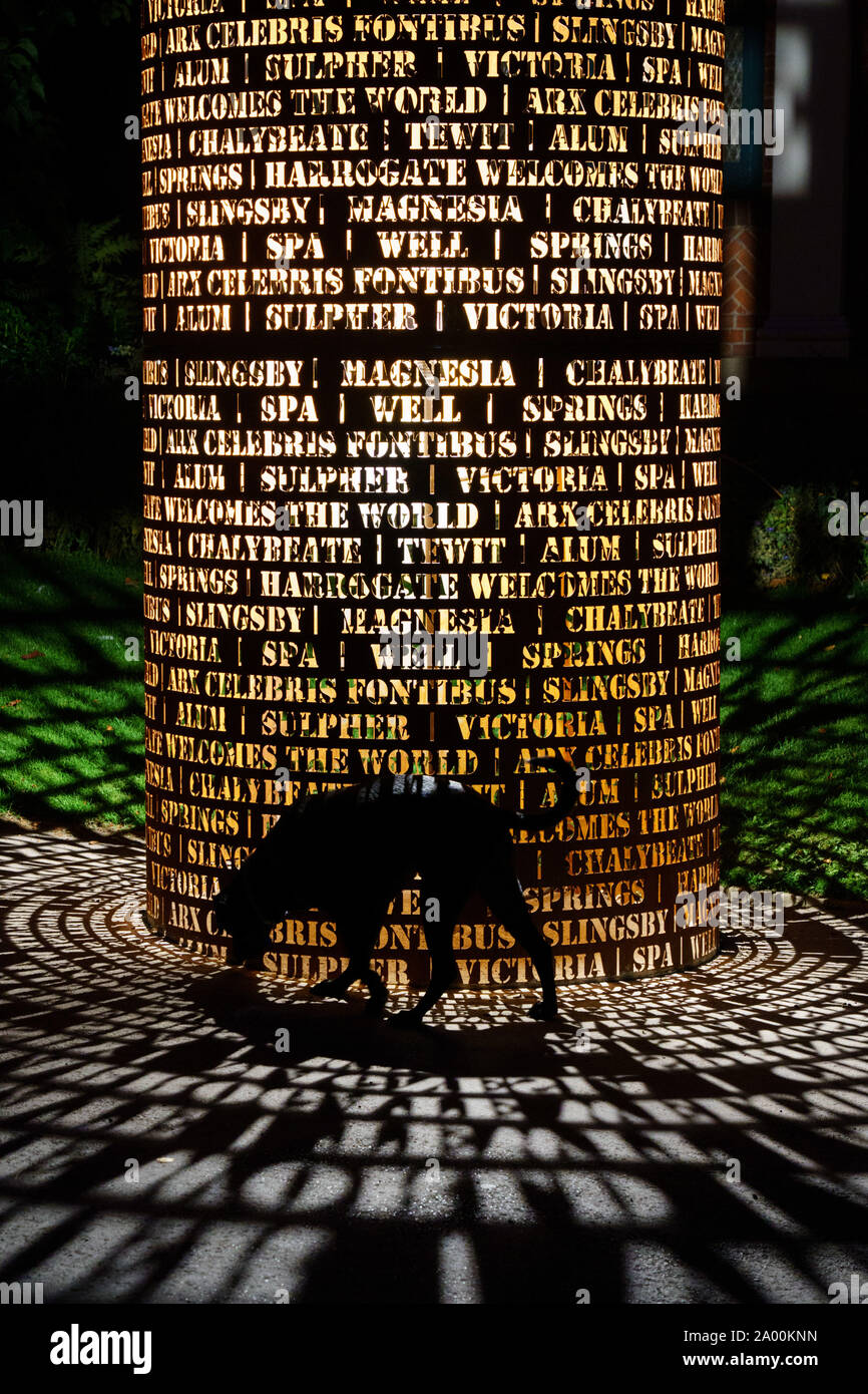 Silhouette of a black Labrador Dog next to a new light installation made from steel with the names of mineral wells, Valley Gardens, Harrogate, UK. Stock Photo