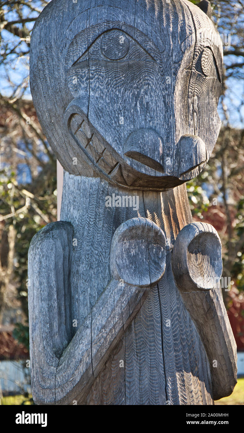 Replica of a totem pole returned to the Haisla Nation in Canada outside the Museum of Ethnography (Etnografiska Museet) Museiparken, Gardet, Stockholm Stock Photo