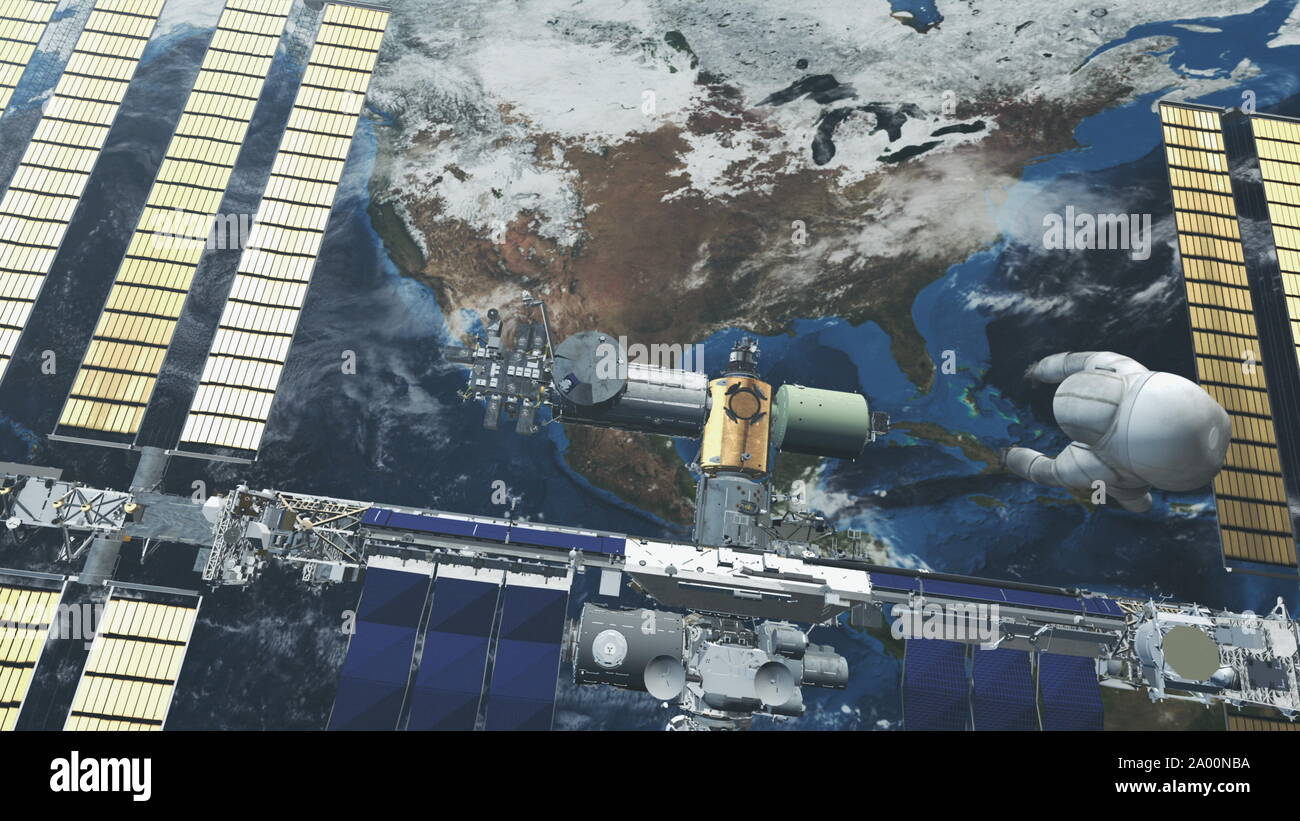 International Space Station with solar panels and astronaut silhouette fly over Earth map. 3d animation. Science and technology concept. Elements of this product furnished by NASA Stock Photo