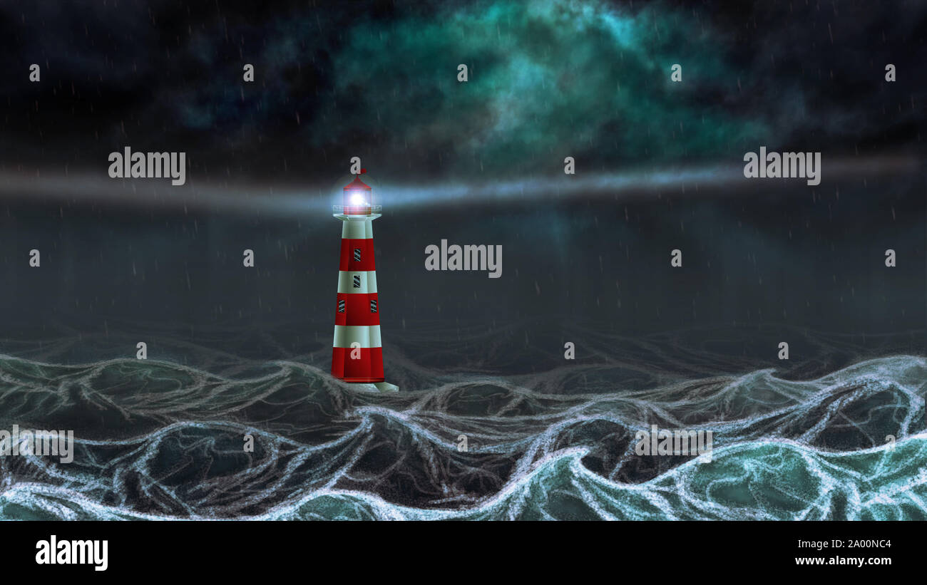 Lighthouse illuminated at night stormy sea, digital illustration Stock ...