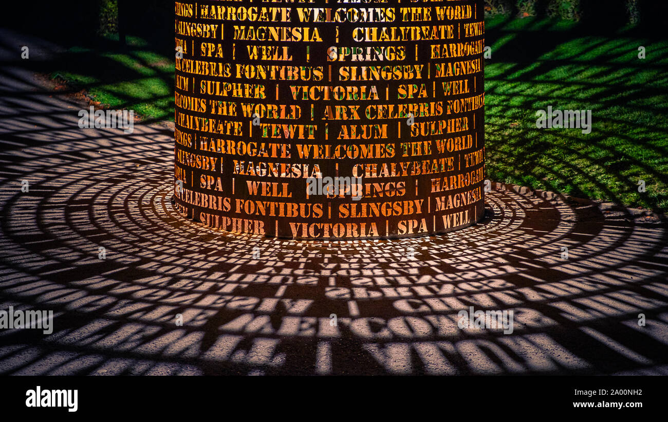 Valley Gardens, Harrogate, United Kingdom. 18th September, 2019. Eddie Roberts' sculpture is lit up overnight in the Valley Gardens, celebrating the heritage of the town and welcomes the world as the UCI World Championships take place between 21 to 29 September 2019 in and around Harrogate North Yorkshire, UK. Credit: Caught Light Photography/Alamy Live News. Stock Photo