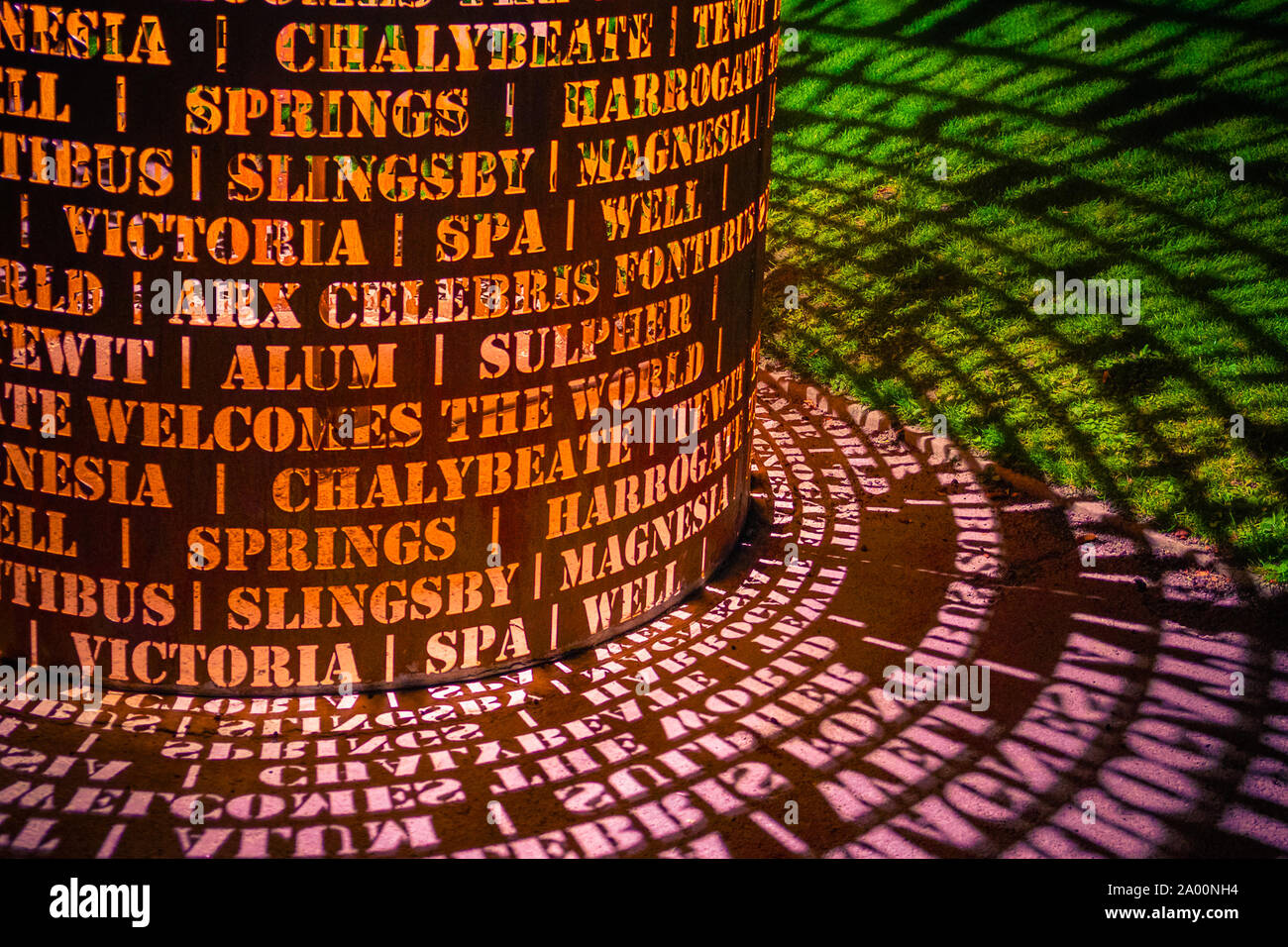 Valley Gardens, Harrogate, United Kingdom. 18th September, 2019. Eddie Roberts' sculpture is lit up overnight in the Valley Gardens, celebrating the heritage of the town and welcomes the world as the UCI World Championships take place between 21 to 29 September 2019 in and around Harrogate North Yorkshire, UK. Credit: Caught Light Photography/Alamy Live News. Stock Photo