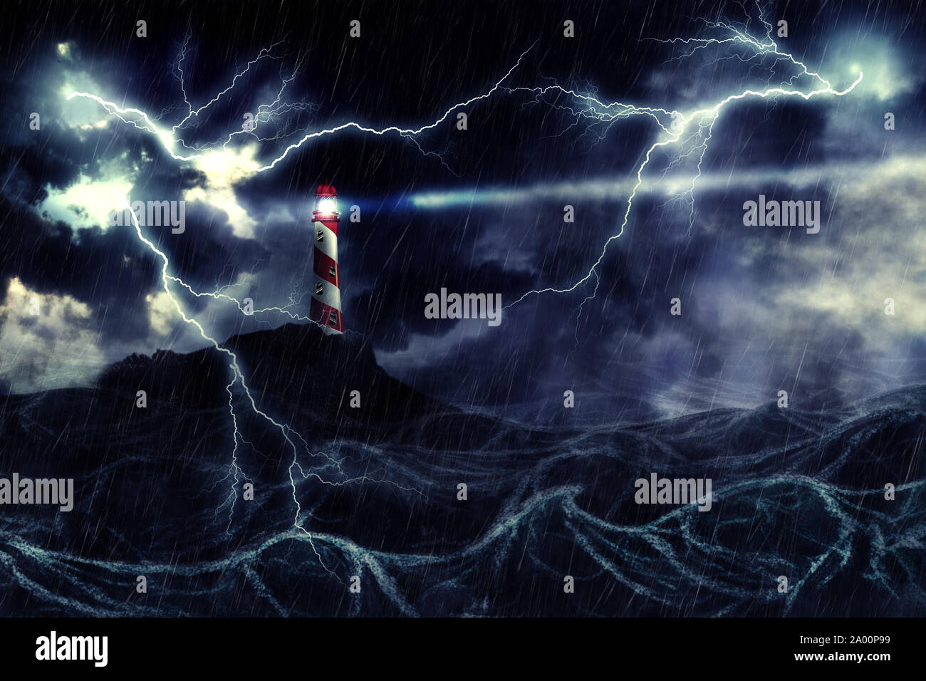Lighthouse illuminated at night stormy sea in thunderstorm, digital illustration. Stock Photo