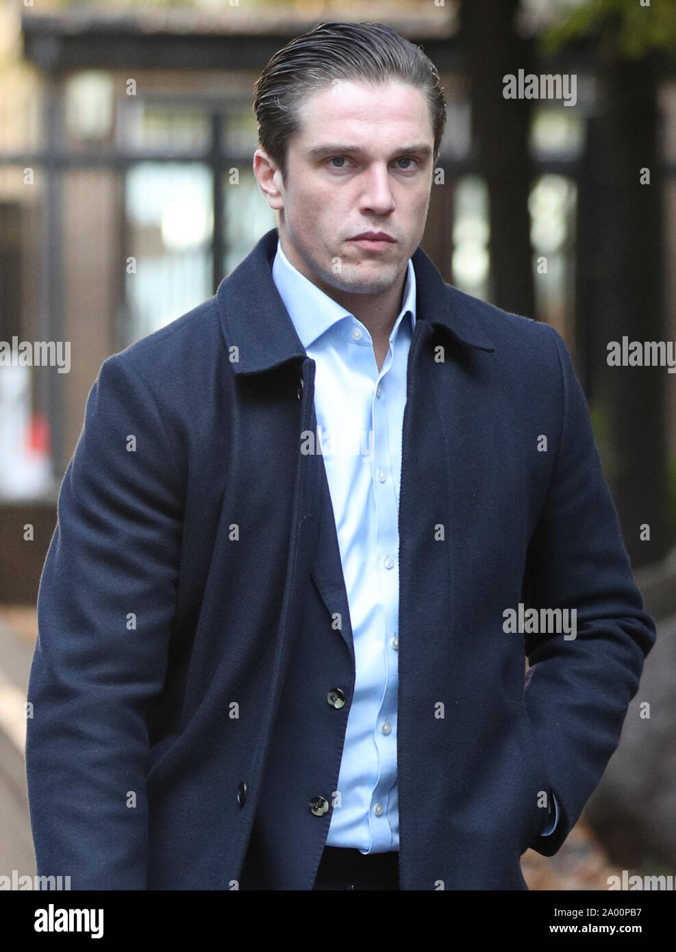 TOWIE star Lewis Bloor arrives at Southwark Crown, London, where he is charged, along with six others, with conspiracy to defraud, involving the marketing and selling of coloured diamonds between May 2013 and June 2014 for investment purposes, knowing the gems to be worthless. Stock Photo