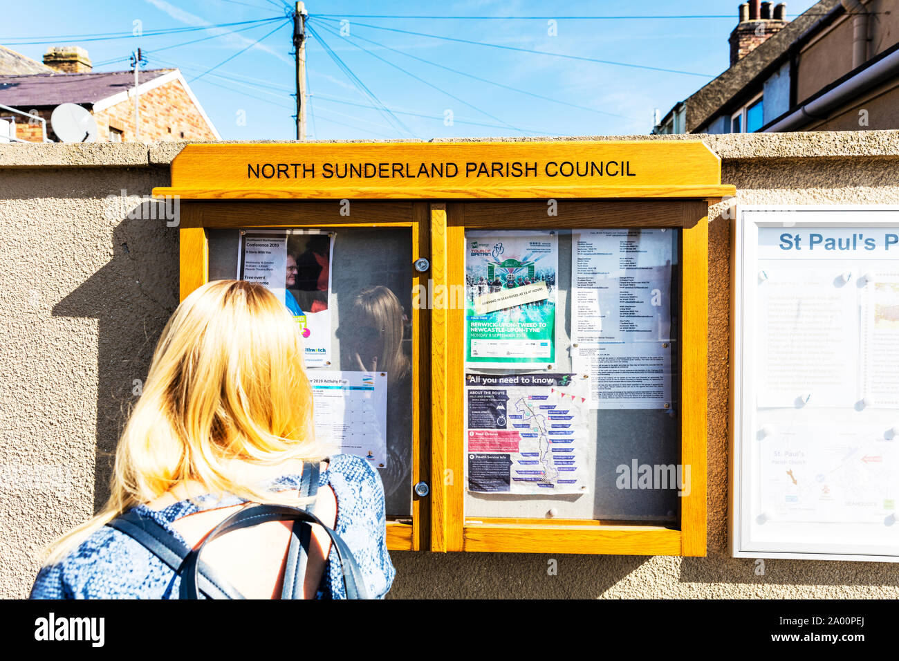 Seahouses Northumberland notice board, North Sunderland and parish council notice board, Seahouses town Northumberland, UK, England Stock Photo