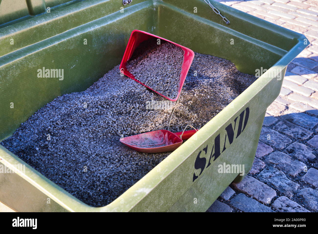 Box of grit and scoops for gritting pavements, Stockholm, sweden Stock Photo