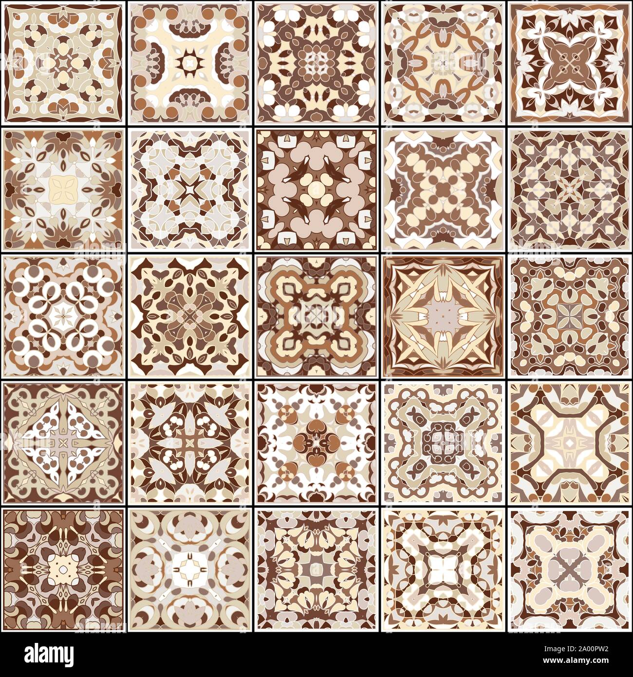 A collection of ceramic tiles in brown retro colors. A set of square patterns in ethnic style. Vector illustration. Stock Vector