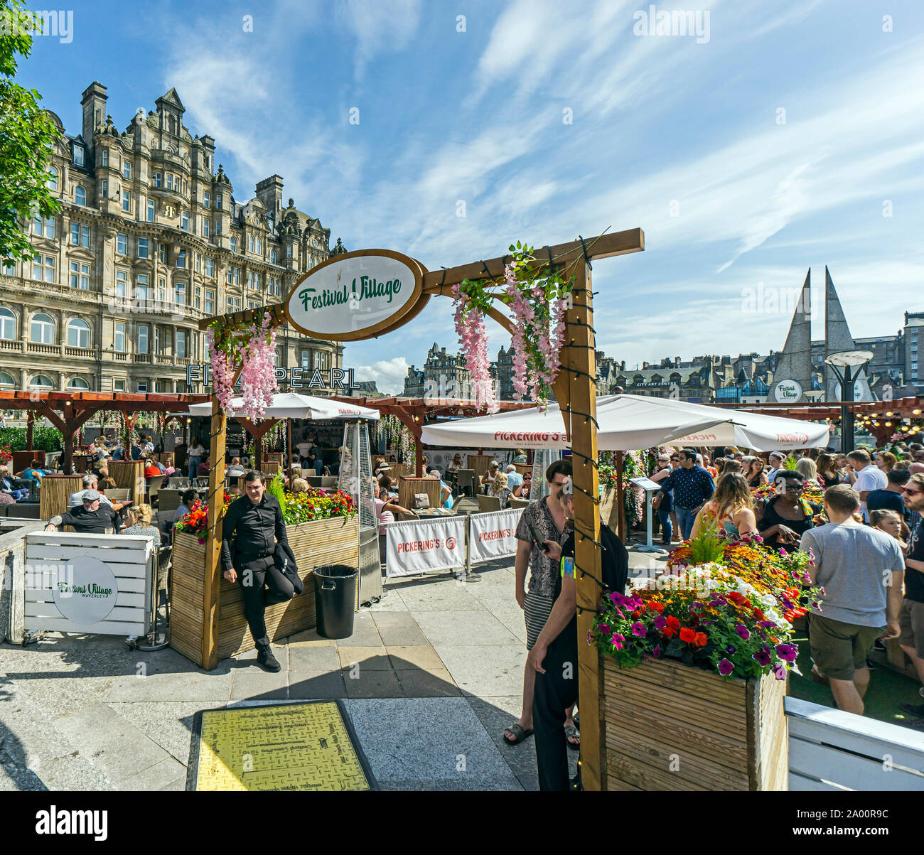 Entrance to outdoor Festival Village food and drink outlets on top of Waverley Mall at Princes Street Edinburgh Scotland UK Stock Photo