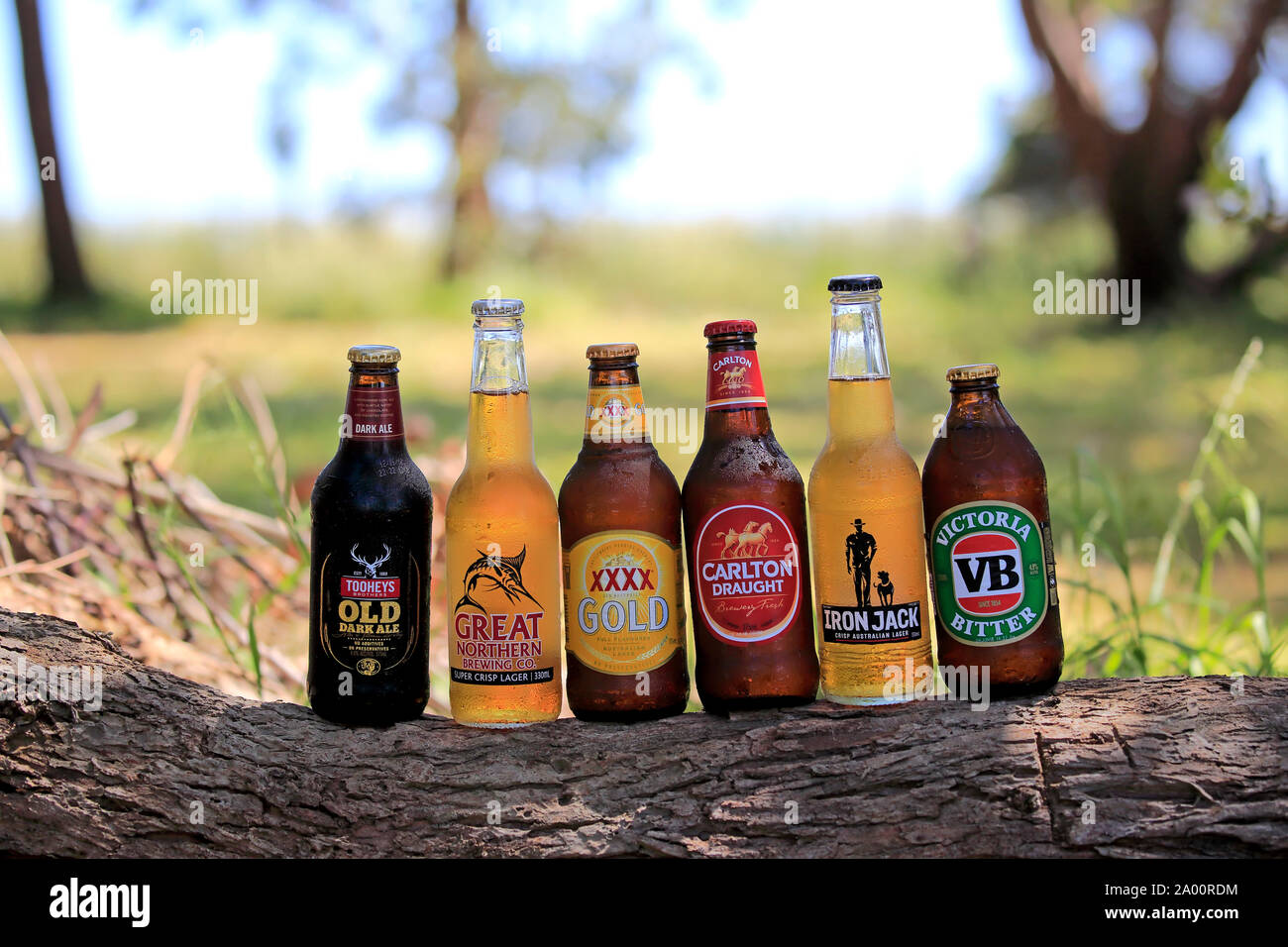 Australian beer bottles, six different bottles, Yanakie, Victoria, Australien Stock Photo -