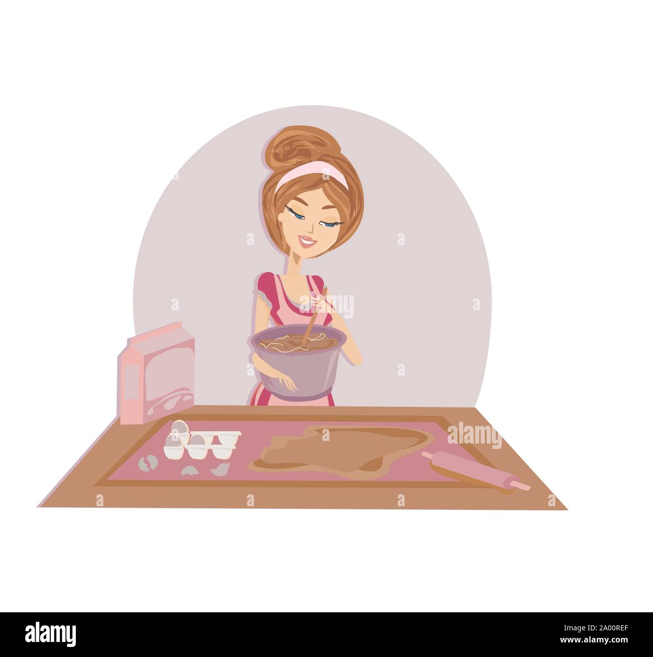 Cartoon of smiling woman in kitchen mixes the dough Stock Vector