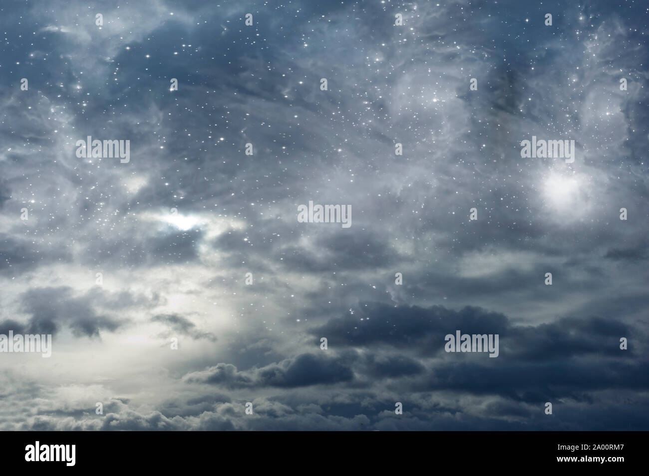 mystical background of clouds and stars with copy space Stock Photo