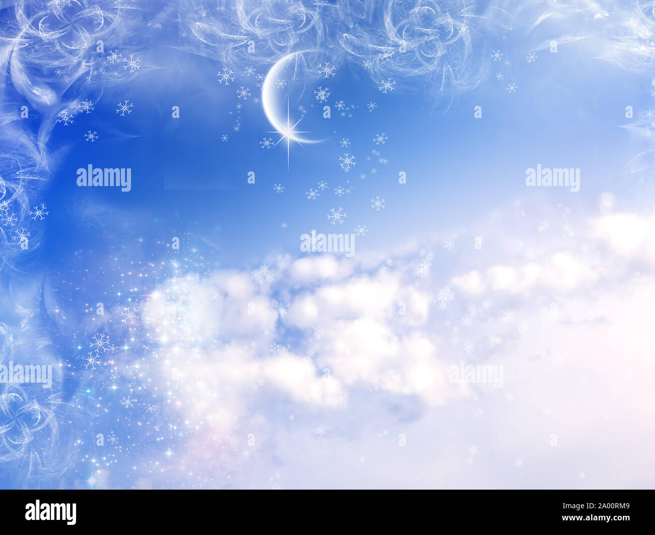 ethereal background with moon clouds and snowflakes Stock Photo