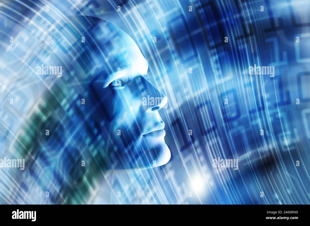 humanoid head as concept for Artificial Intelligence, future generations of humans, technology singularity, cyberlife and digitally created personas Stock Photo