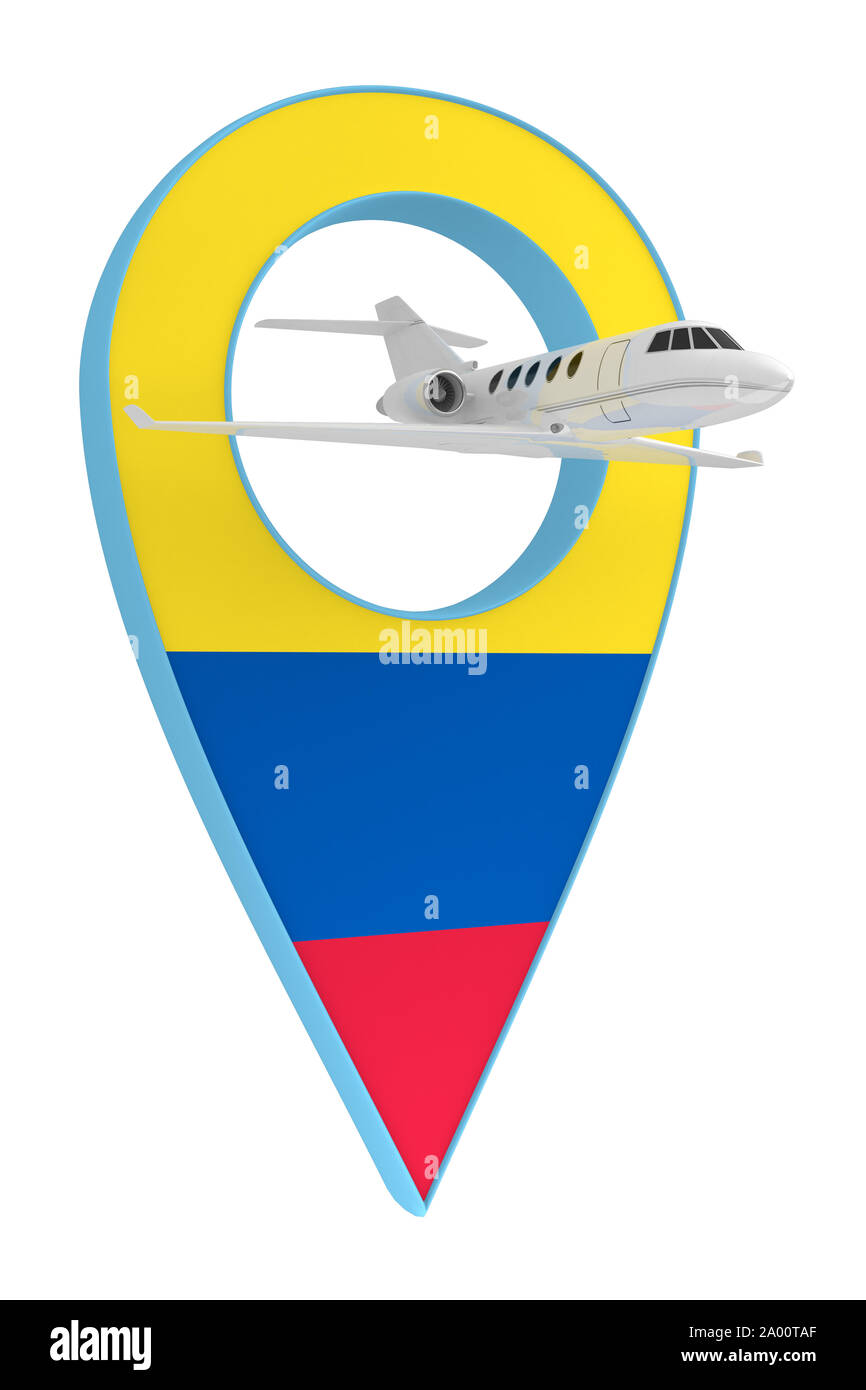 private airplane with pin navigation flag Colombia. 3d rendering Stock Photo