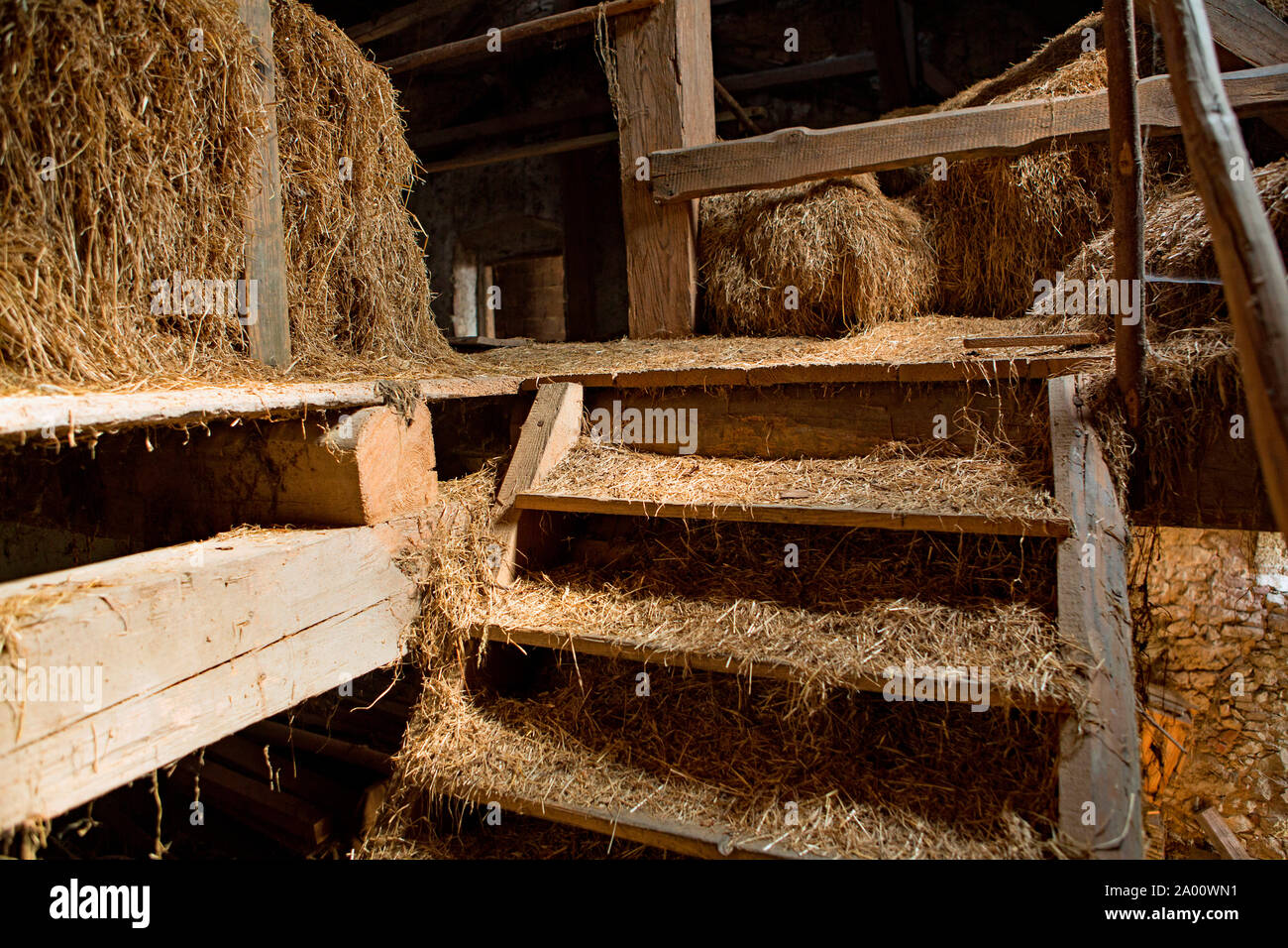 farmhouse, farmestate, old, wooden stair, hay, hayloft, Buchhofen, Bavaria, Germany Stock Photo