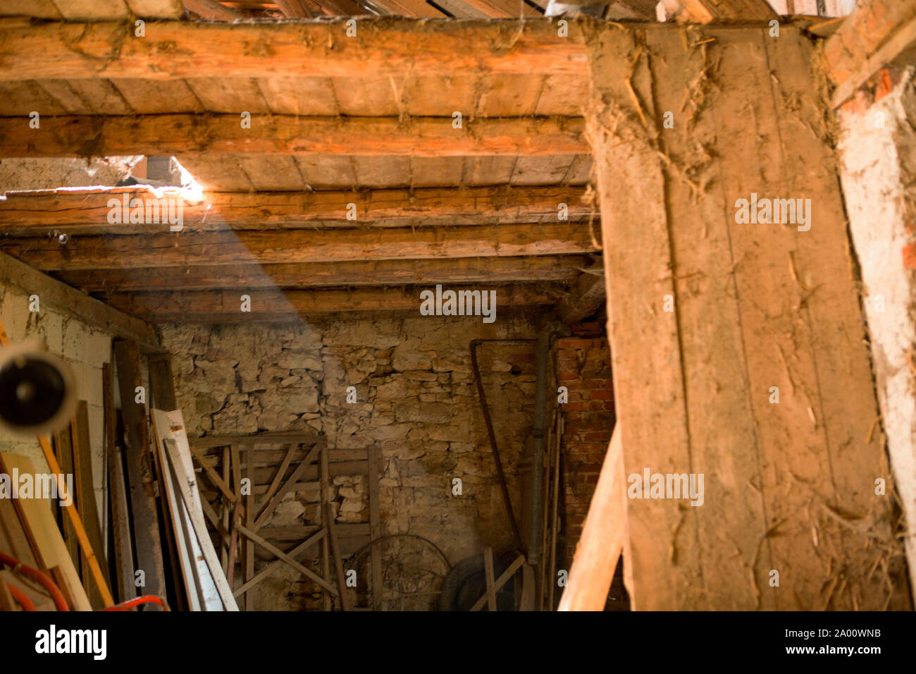 farmhouse, old attic, wooden beam, Buchhofen, Bavaria, Germany Stock Photo