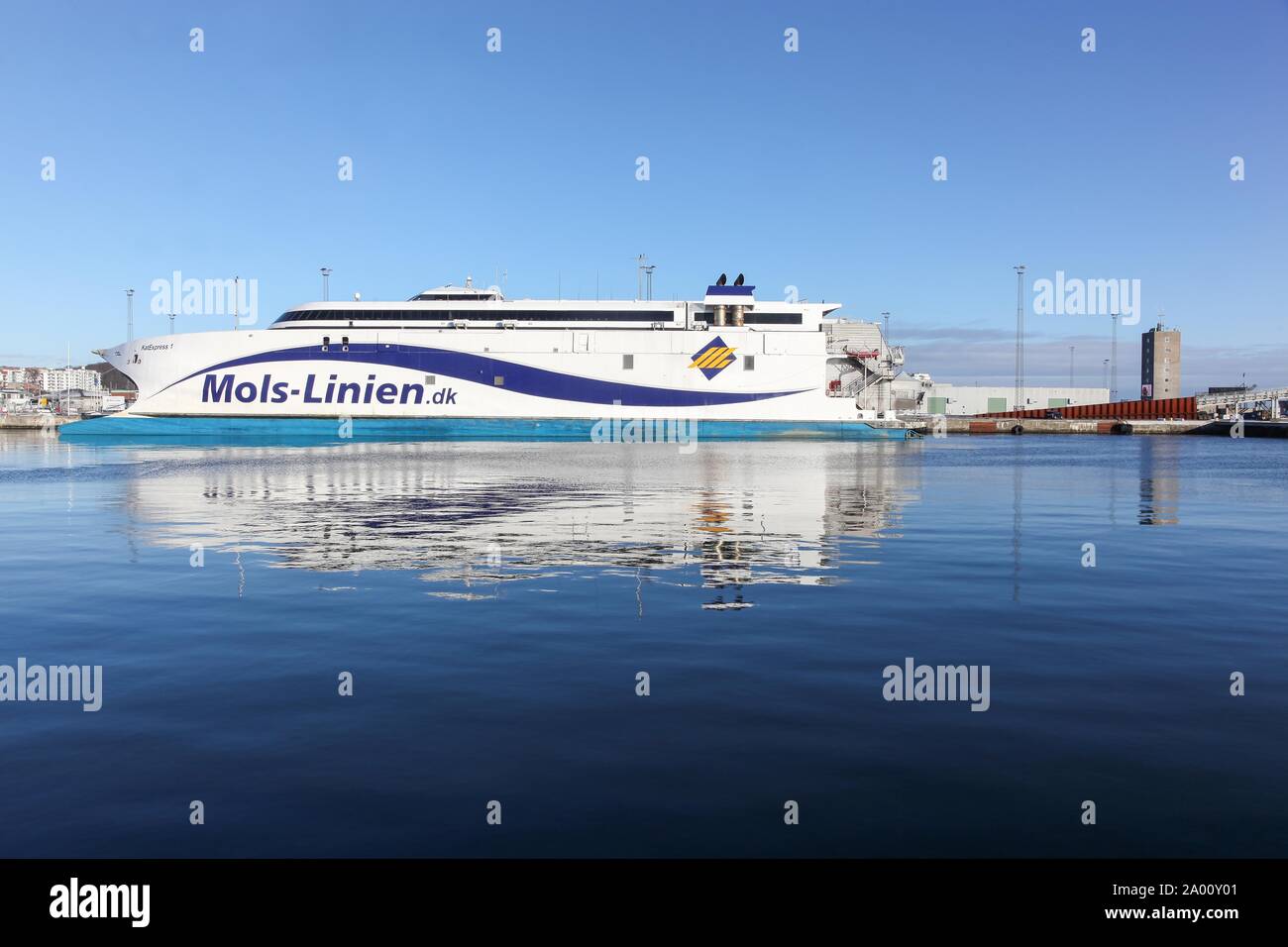Aarhus, Denmark - January 17, 2016: Mols linien ferry at Aarhus harbor Stock Photo