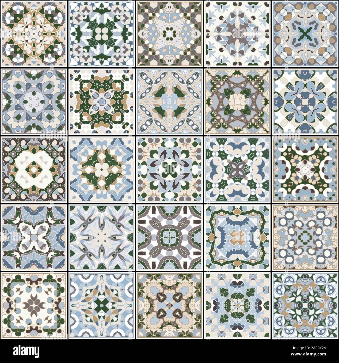 A collection of ceramic tiles in blue and beige retro colors. A set of ...