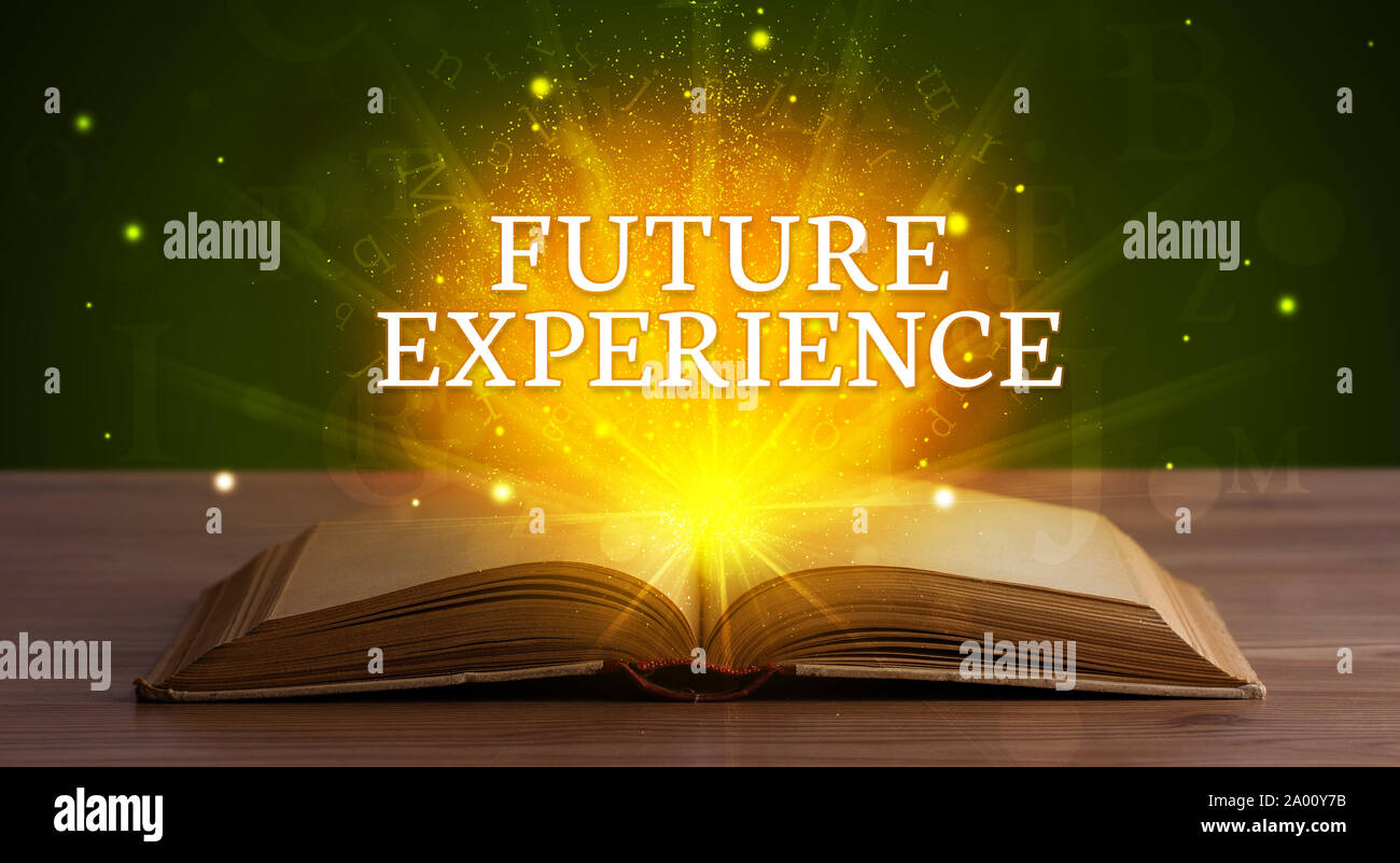 FUTURE EXPERIENCE inscription coming out from an open book, educational