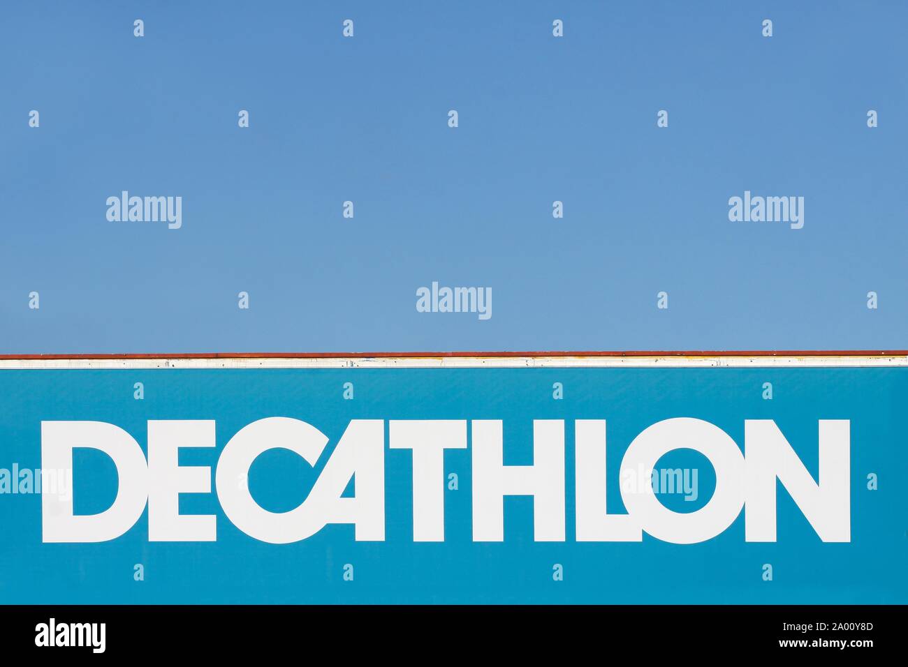 Lyon, France - July 27, 2015: Decathlon sign on a wall. Decathlon is a french company and one of the world's largest sporting goods Stock Photo