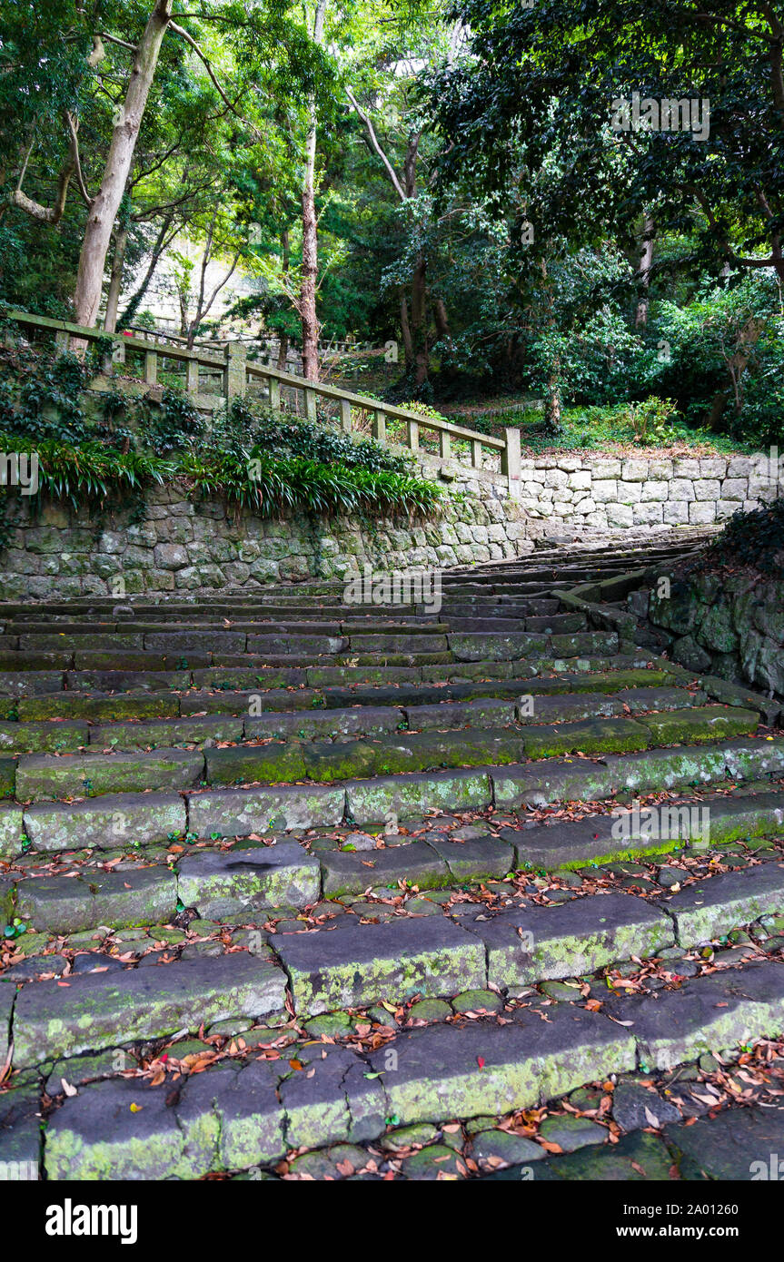 Stairs to Kunozan Tosho-gu shrine. Staircase of thousand stairs leading to Shinto shrine at the top of Mount Kuno Stock Photo