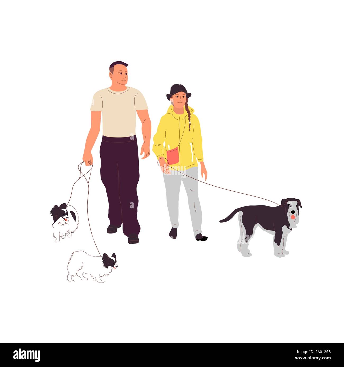 Couple of man and girl are walking with a terrier dog on a leash ...