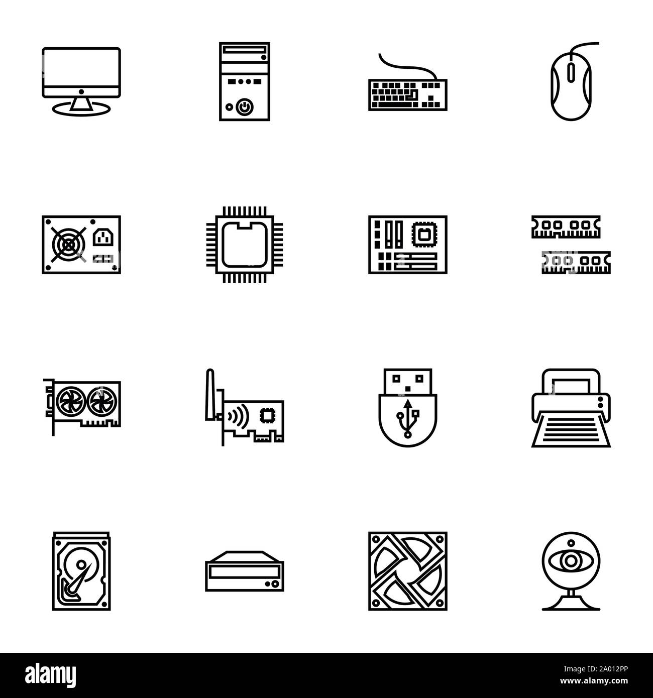 computer hardware and accessories icons set outline or line style vector illustration. computer peripherals Stock Vector