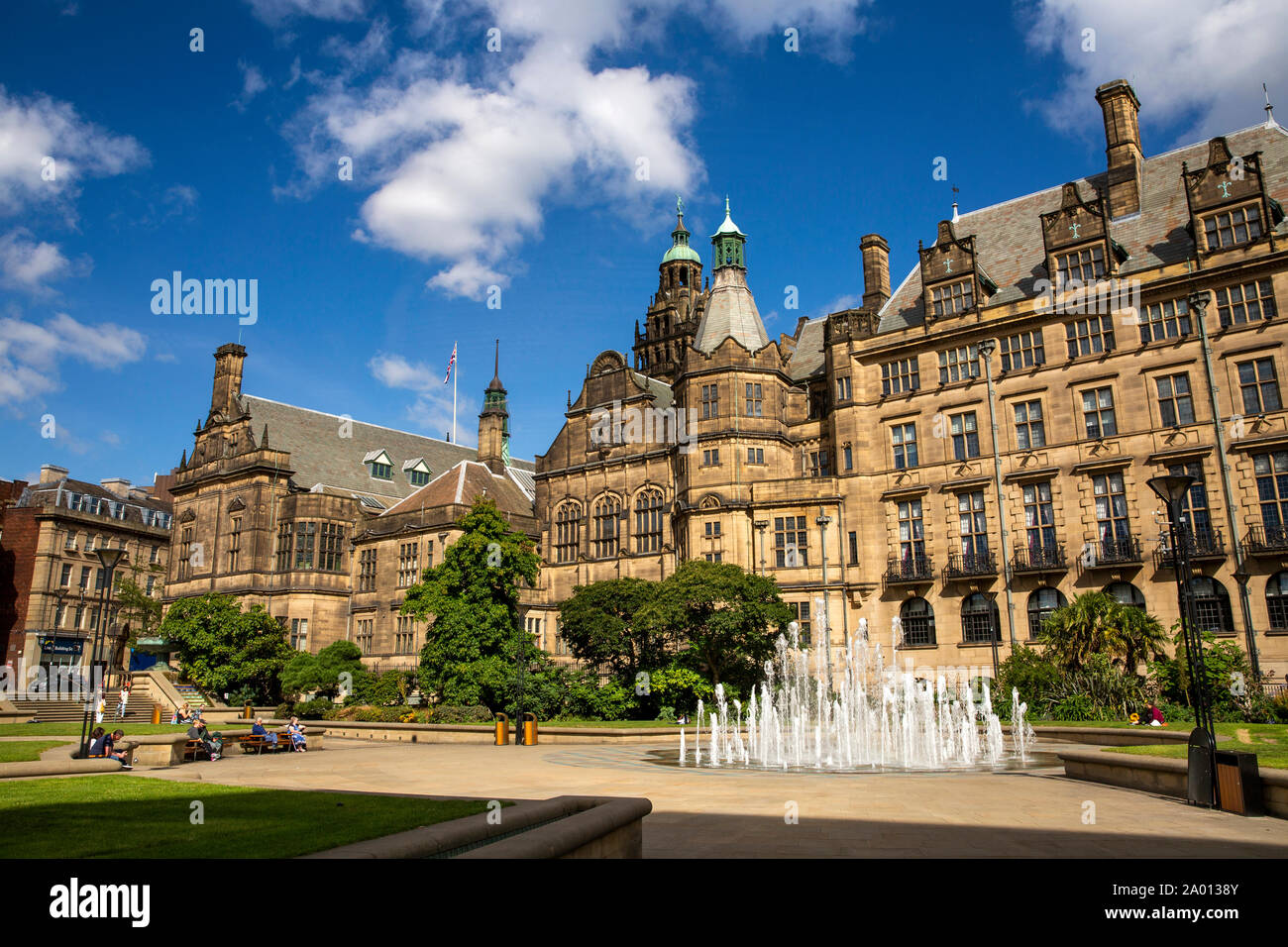 UK, Yorkshire, Sheffield, Peace Gardens, Town Hall with fountain Stock Photo