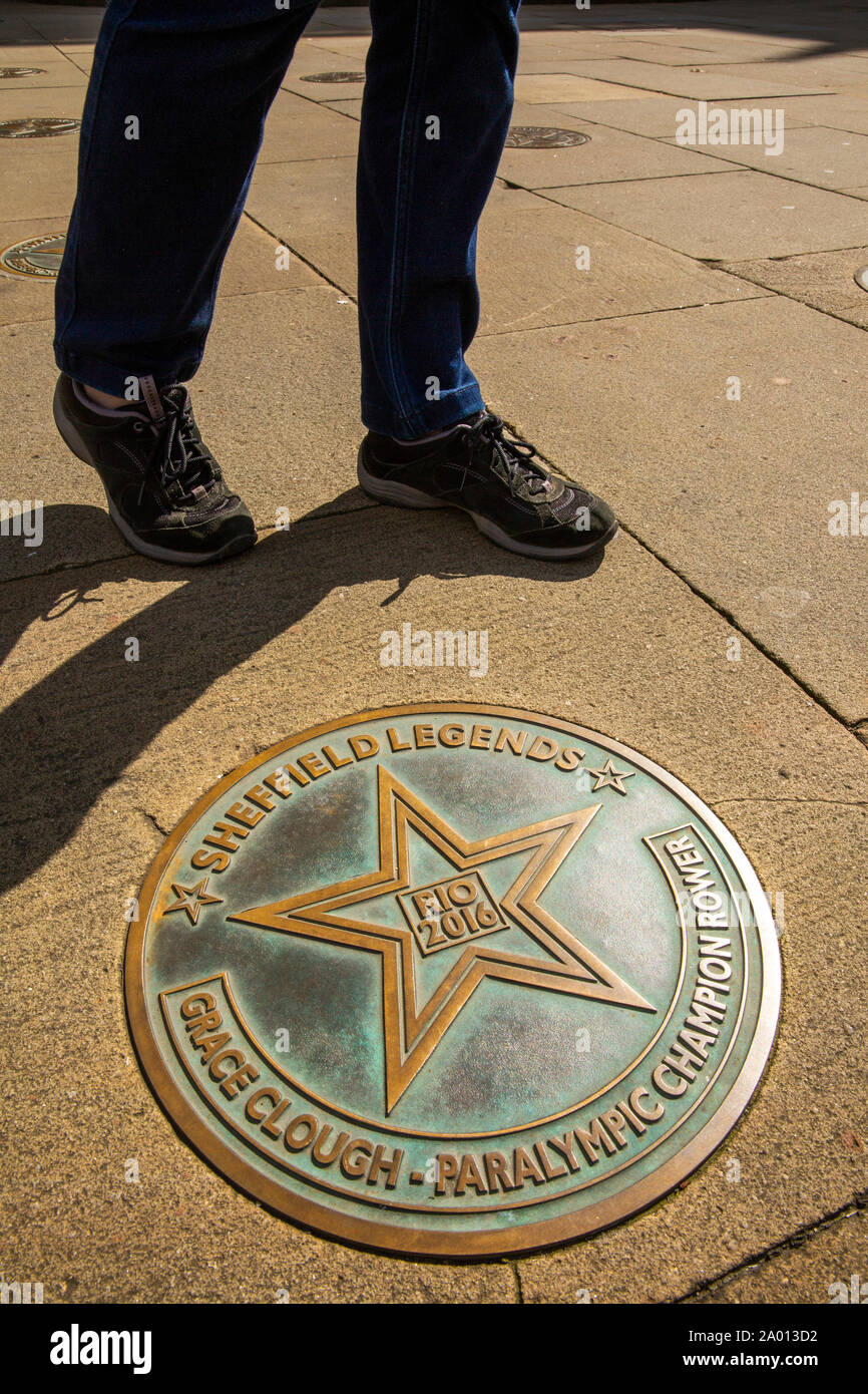 UK, Yorkshire, Sheffield, Surrey Street, Sheffield Legends walk of fame plaque at Town Hall to Grace Clough, 2016 Rio Games Paralympics champion rower Stock Photo