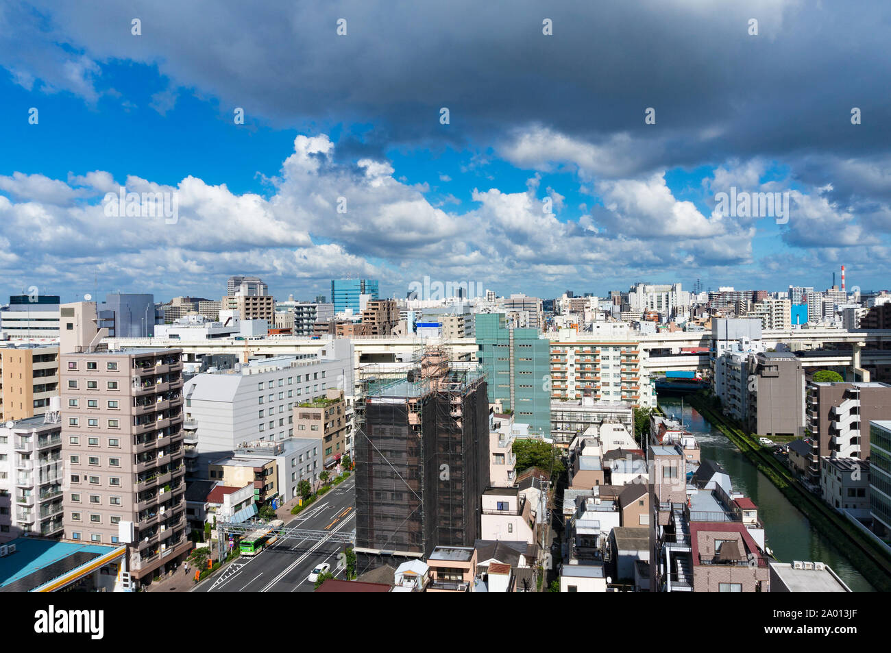 Aerial view of Tokyo suburb on sunny day. Koto, Tokyo, Japan Stock