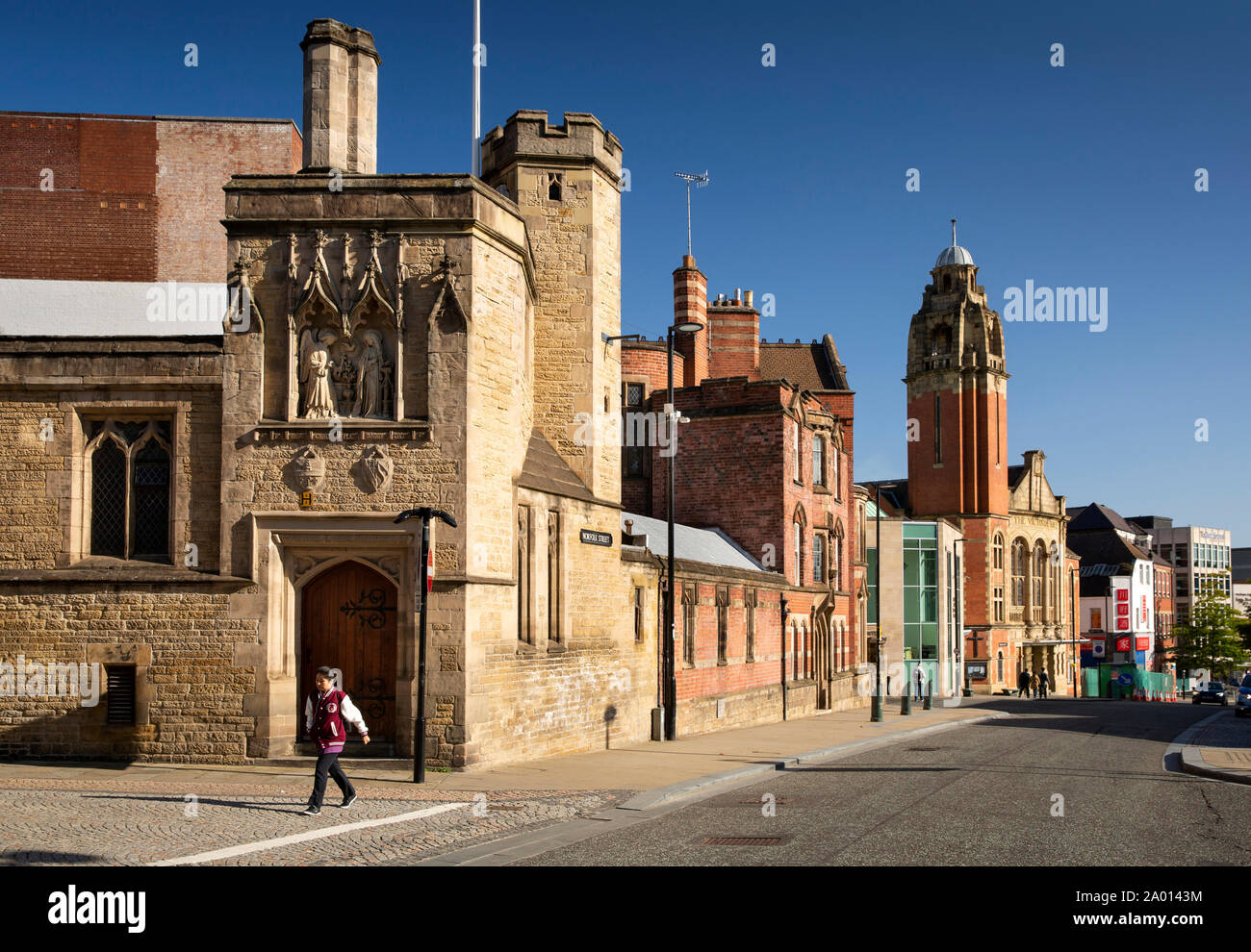 UK, Yorkshire, Sheffield, Norfolk Street, Catholic Cathedral Church of Saint Marie and Victoria Hall Methodist Church landmark tower Stock Photo