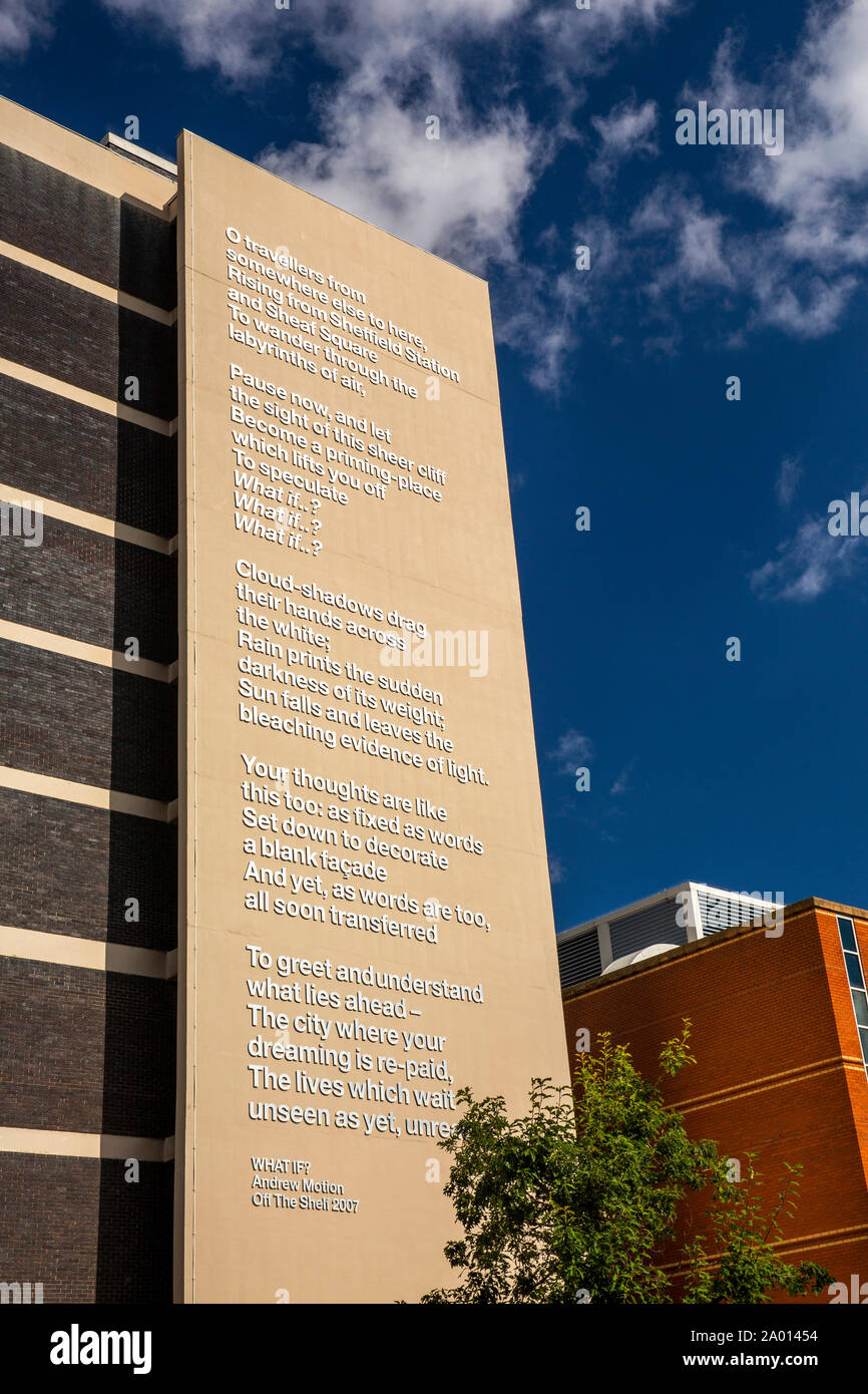 UK, Yorkshire, Sheffield, Surrey Lane, Andrew Motion's 2007 poem ‘What If’ on side of Sheffield Hallam University Howard Building Stock Photo