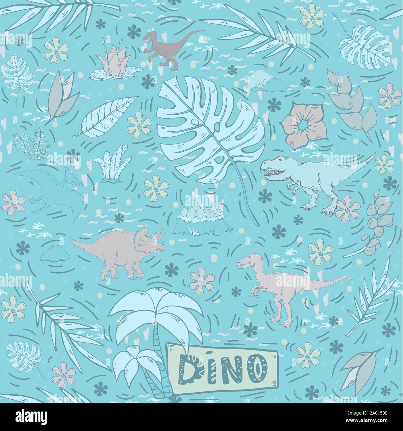 Dinosaur vector seamless pattern on a blue tones Stock Vector