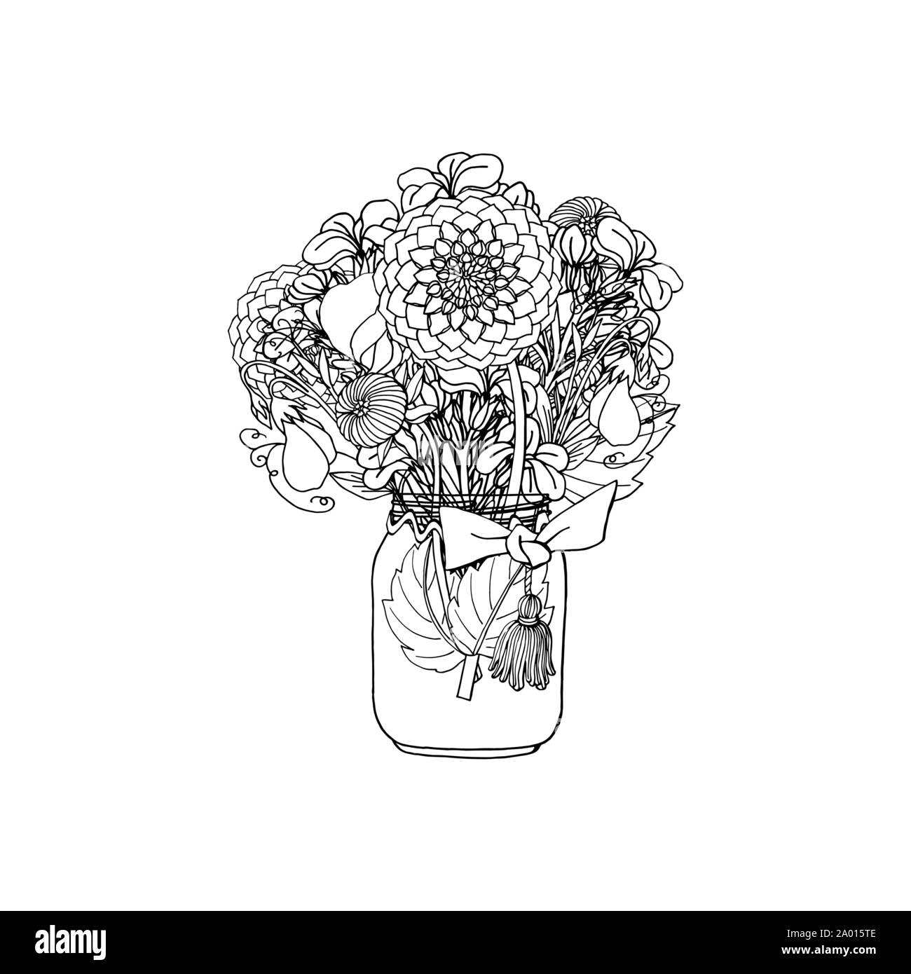 Hand drawn doodle style bouquet of different flowers, dahlia, stock flower, sweet pea Stock Vector