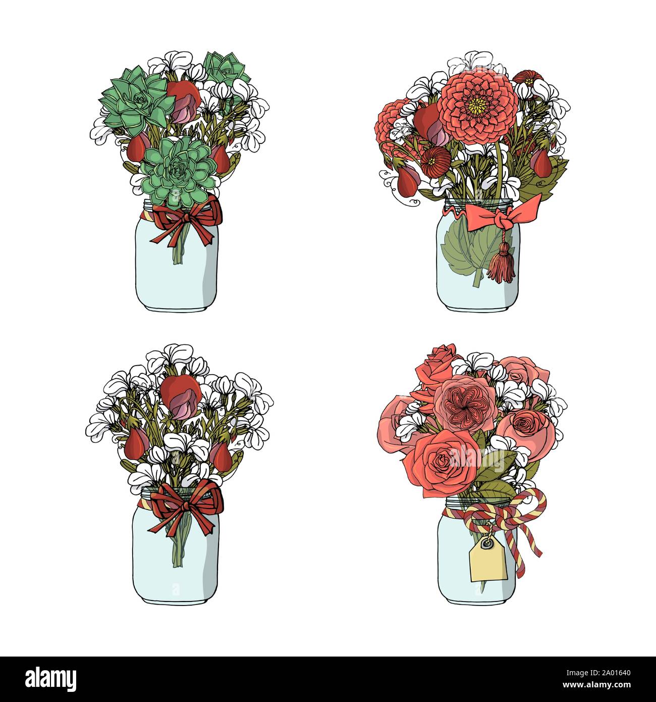 Hand drawn doodle style bouquets of different flowers, rose, dahlia, stock flower, sweet pea, succulent. Stock Vector