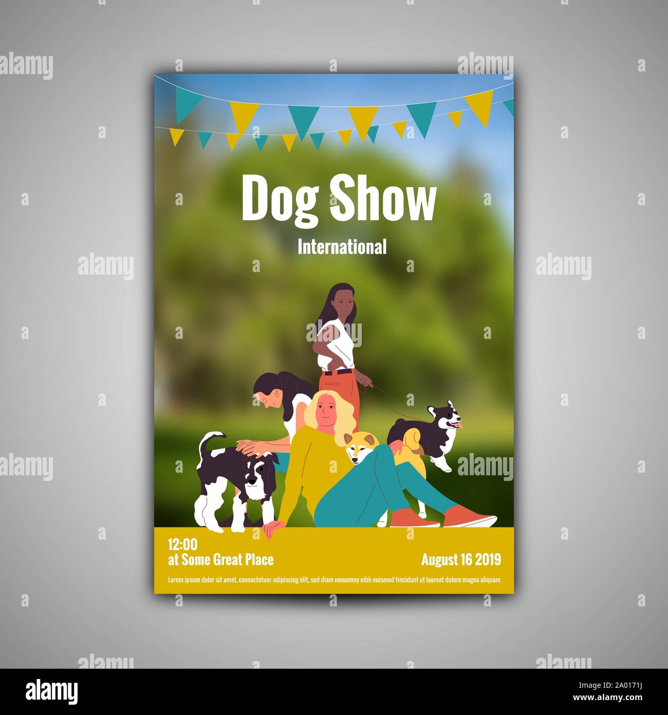 Poster template for dog show with three girls with their dogs Stock Vector