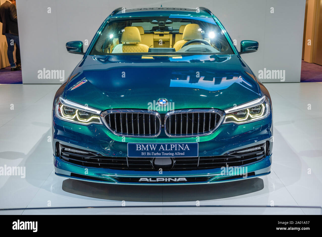 FRANKFURT, GERMANY - SEPT 2019: green emerald BMW ALPINA B5 BI-TURBO TOURING ALLROAD G31, IAA International Motor Show Auto Exhibtion. Stock Photo