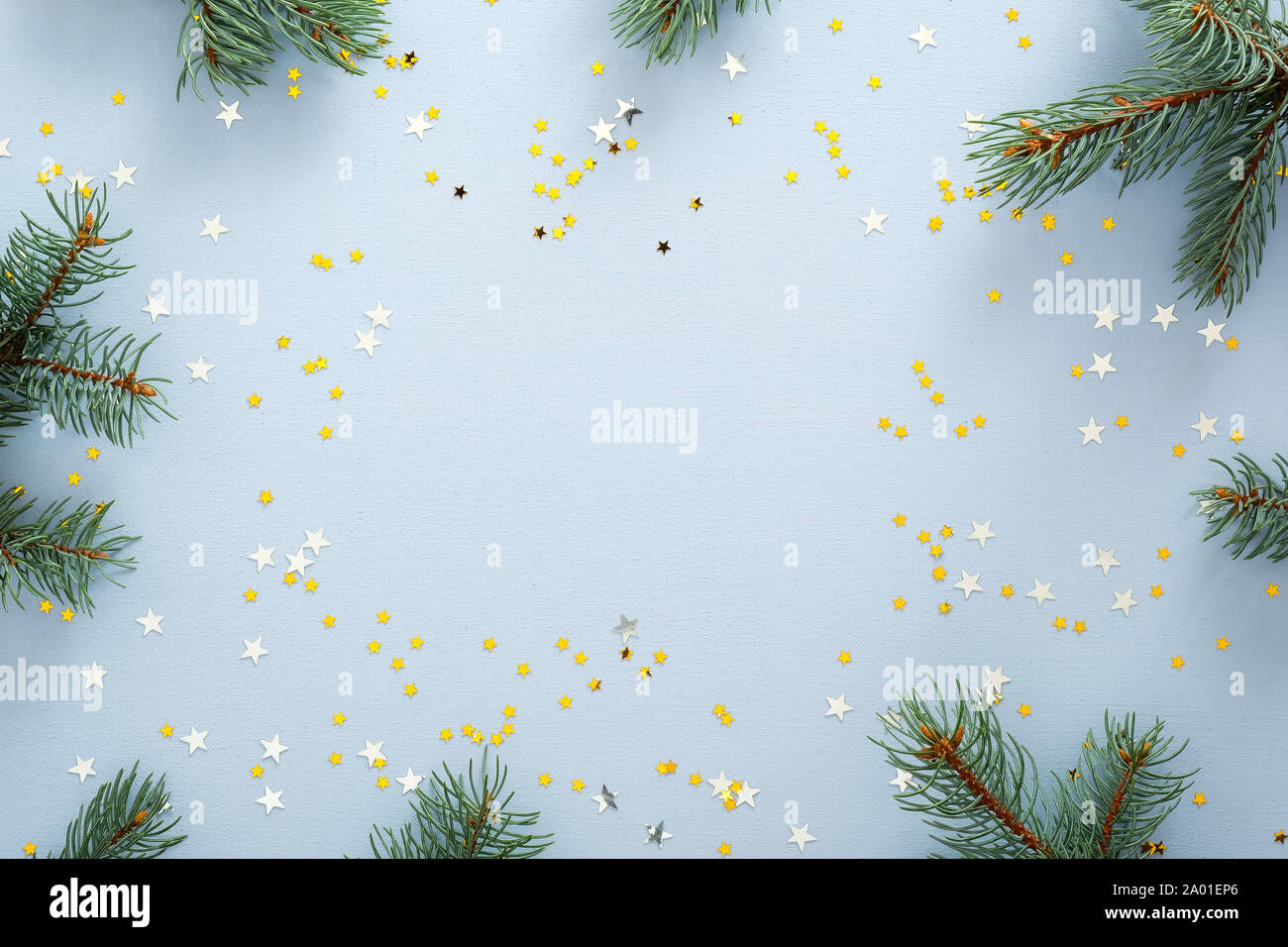Download Blue Christmas Background With Fir Tree Branches And Glitter Confetti Stars Christmas New Year Winter Holidays Concept Xmas Frame Banner Mockup Stock Photo Alamy