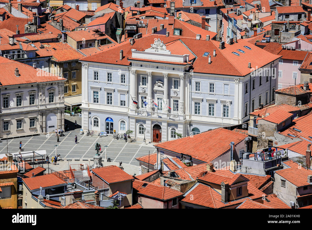 Piran, Istria, Slovenia - city view, view over Tartini Square and the roofs of the Mediterranean port. Piran, Istrien, Slowenien - Stadtuebersicht, Bl Stock Photo