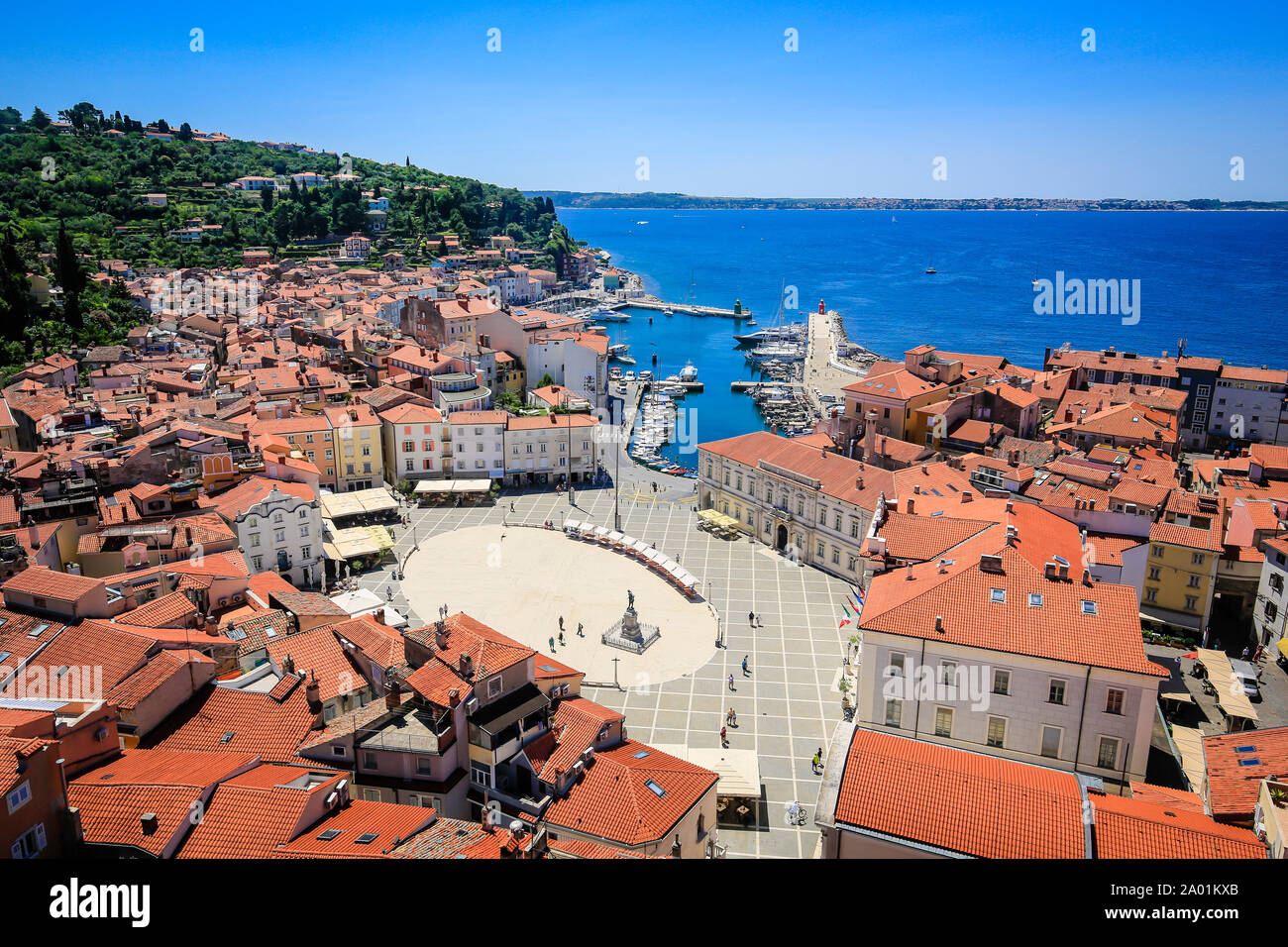 Piran, Istria, Slovenia - city view, view over Tartini Square and the roofs of the Mediterranean port.  Piran, Istrien, Slowenien - Stadtuebersicht, B Stock Photo