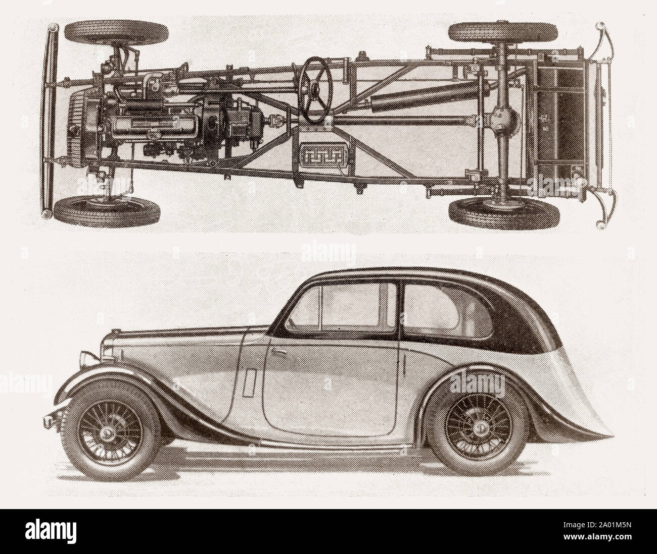 The latest engineering and technology from the 1930s:  A Daimler car  and chassis. Stock Photo